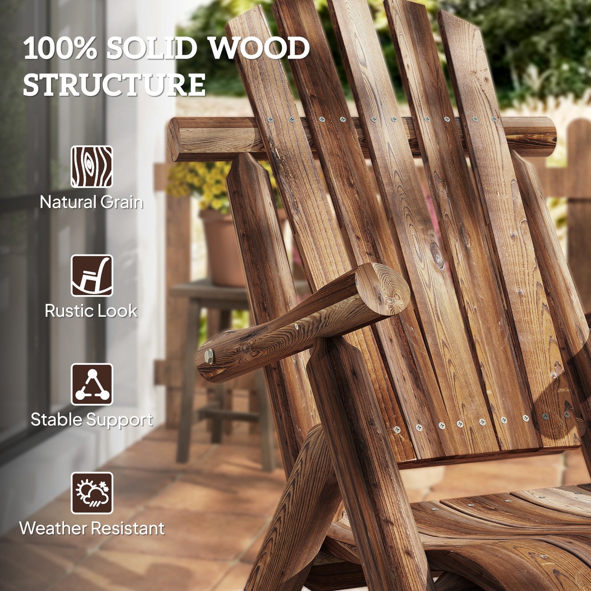 Outsunny Outdoor Wooden Rocking Chair, Single-Person Adirondack Rocking Patio Chair with Rustic High Back, Slatted Seat and Backrest for Indoor, Backyard, Garden, Carbonized
