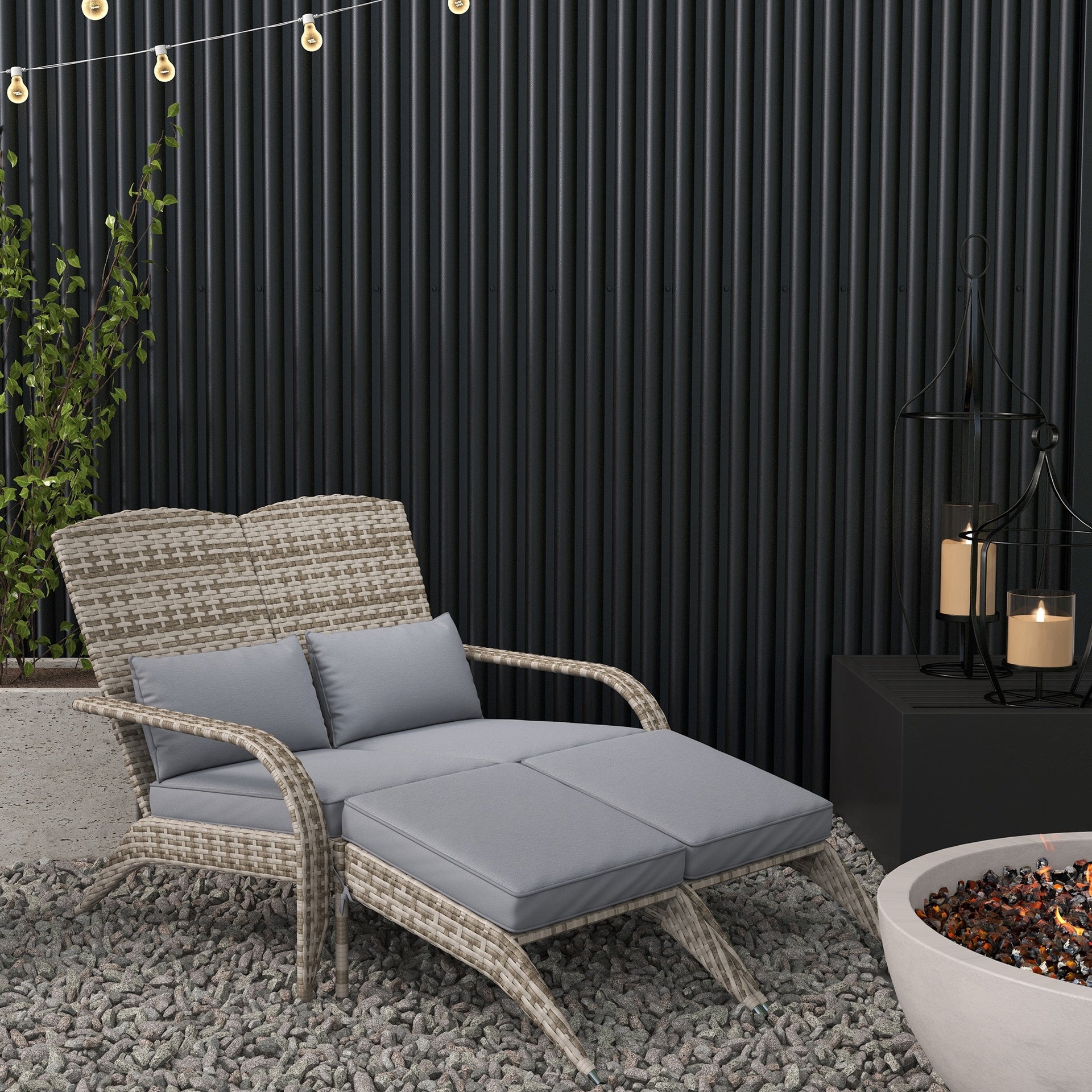 Outsunny Wicker Adirondack Chair for 2 with Cushions & Footrests, PE Rattan Double Chaise Lounge Chair, Fire Pit Chair for Porch with Wide Armrests, High-back, Gray