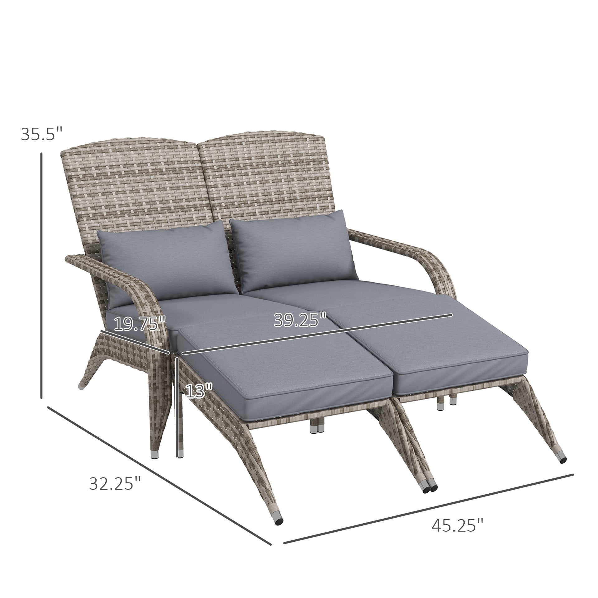 Outsunny Wicker Adirondack Chair for 2 with Cushions & Footrests, PE Rattan Double Chaise Lounge Chair, Fire Pit Chair for Porch with Wide Armrests, High-back, Gray
