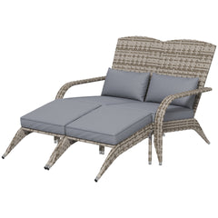 Outsunny Wicker Adirondack Chair for 2 with Cushions & Footrests, PE Rattan Double Chaise Lounge Chair, Fire Pit Chair for Porch with Wide Armrests, High-back, Gray