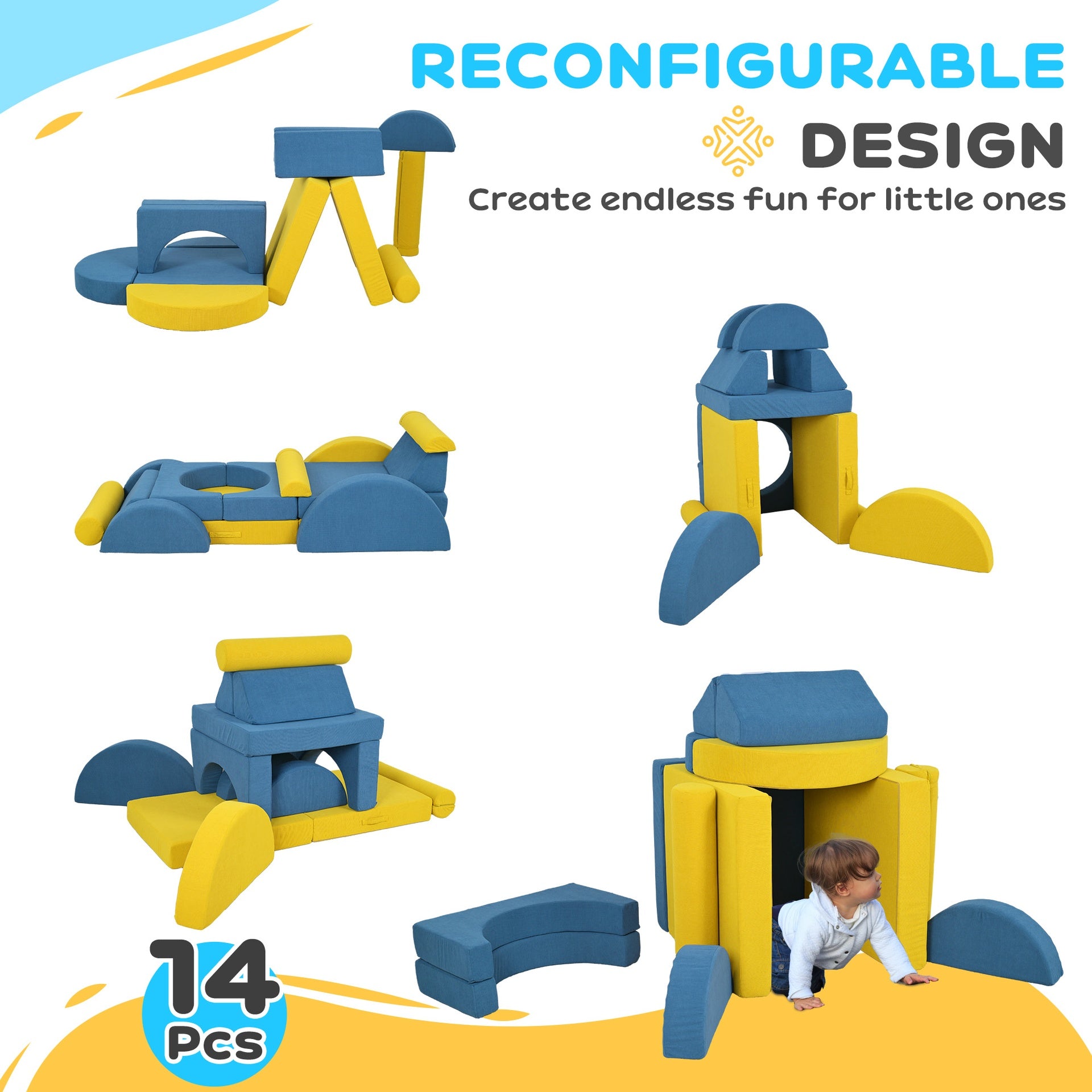 Qaba 14 Pieces Foam Climbing Blocks for Toddlers, Indoor Climb and Crawl Activity Play Set, Yellow
