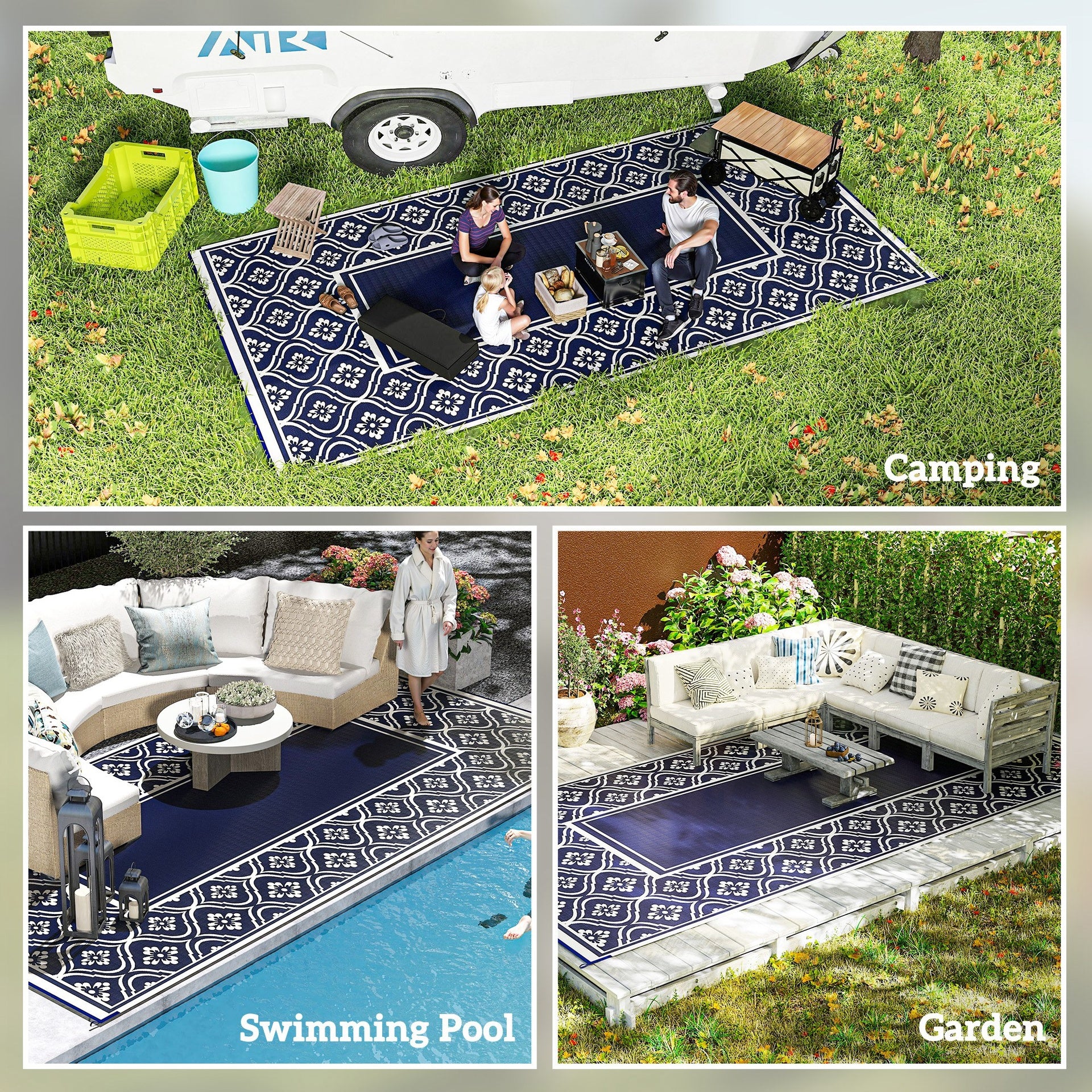 Outsunny Reversible Outdoor Rug, Waterproof Plastic Straw with Carry Bag, 9' x 18', Blue & White Gourd Border