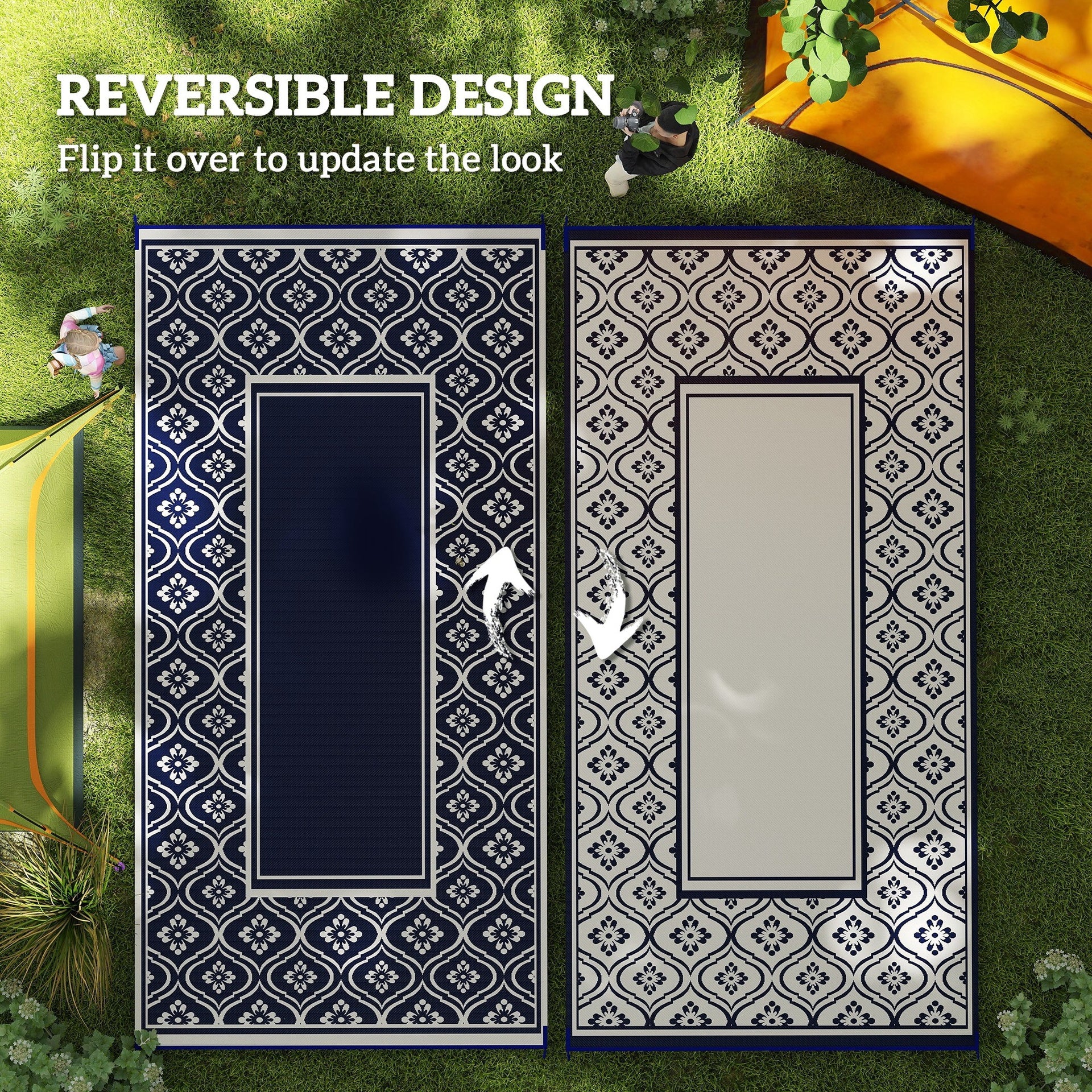 Outsunny Reversible Outdoor Rug, Waterproof Plastic Straw with Carry Bag, 9' x 18', Blue & White Gourd Border