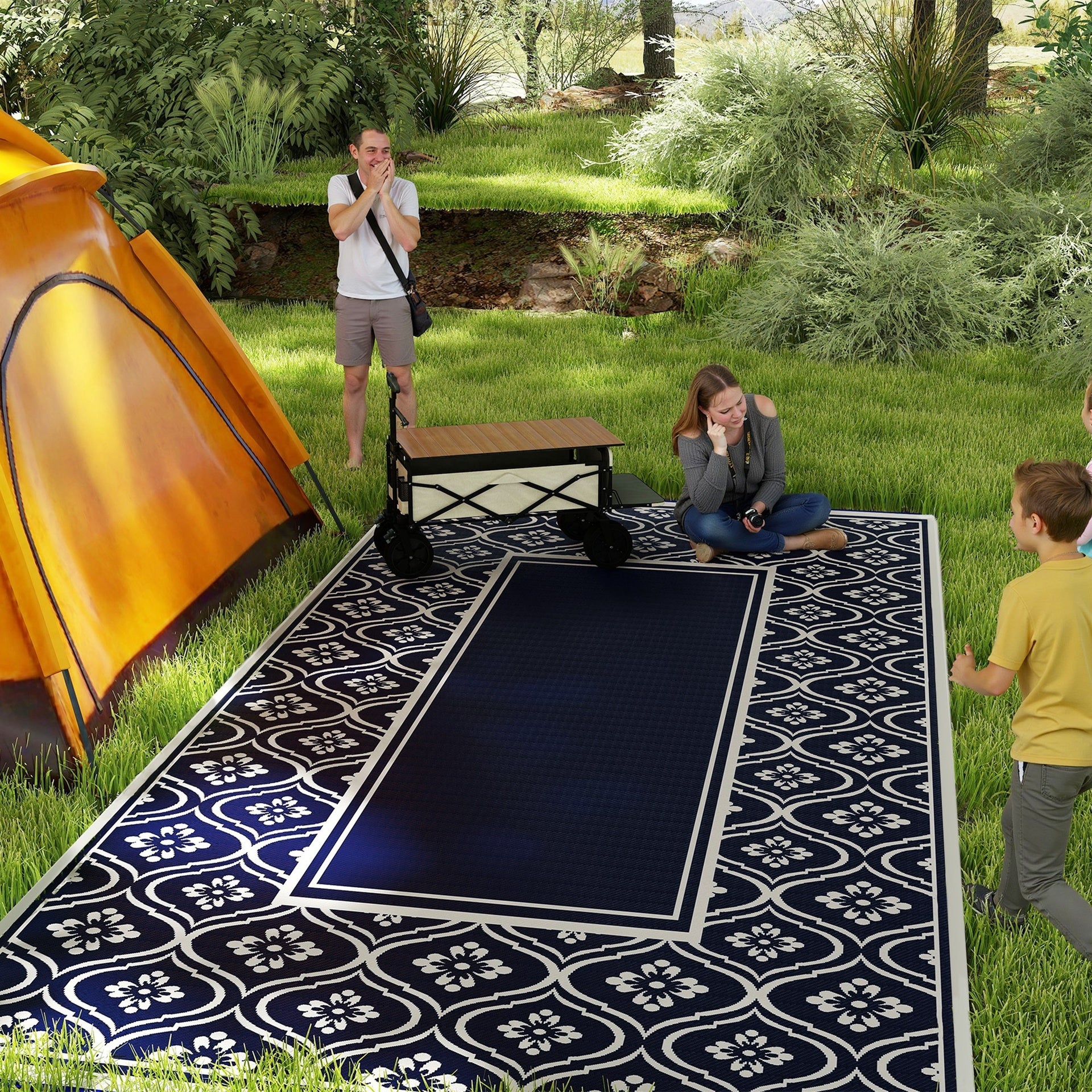 Outsunny Reversible Outdoor Rug, Waterproof Plastic Straw with Carry Bag, 9' x 18', Blue & White Gourd Border