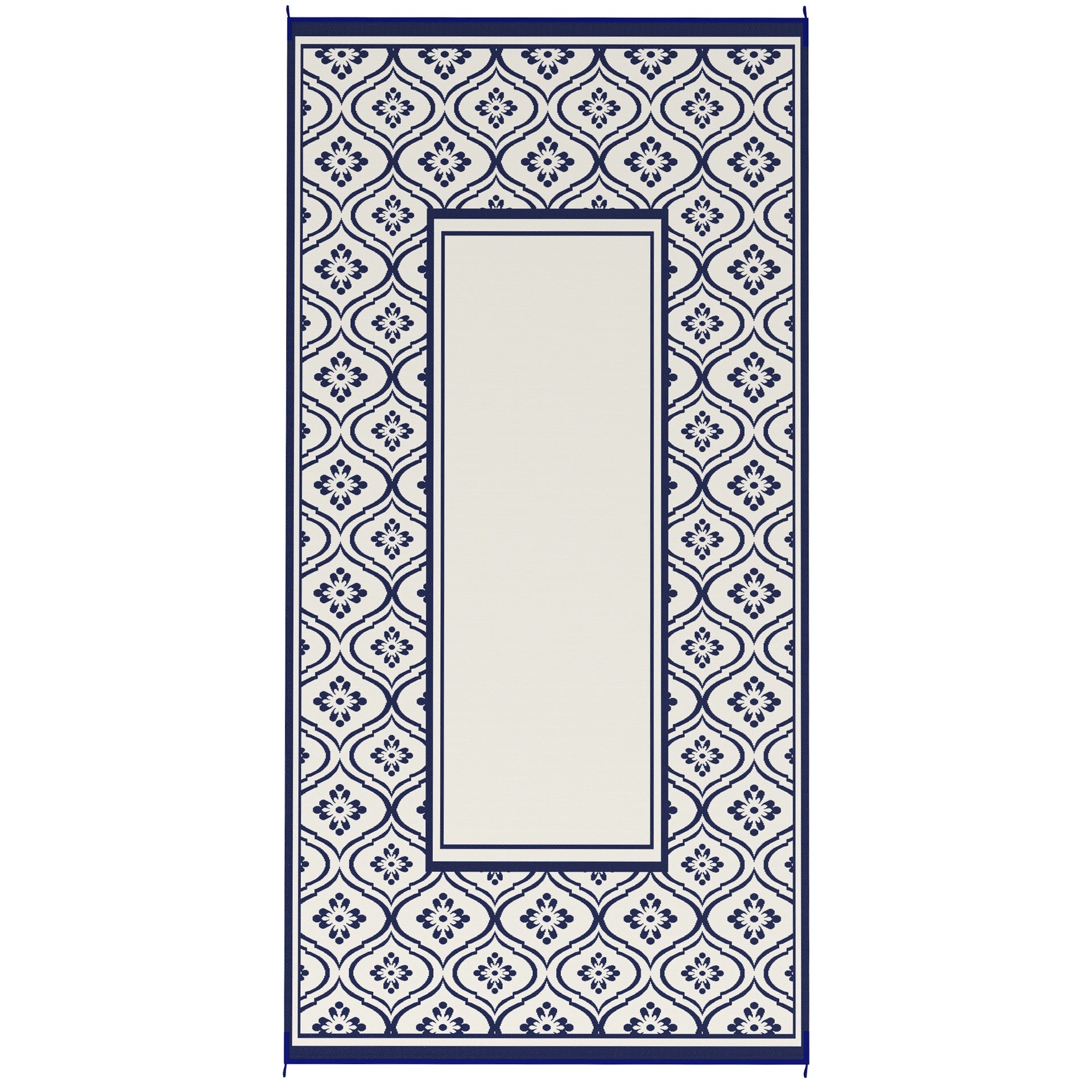 Outsunny Reversible Outdoor Rug, Waterproof Plastic Straw with Carry Bag, 9' x 18', Blue & White Gourd Border