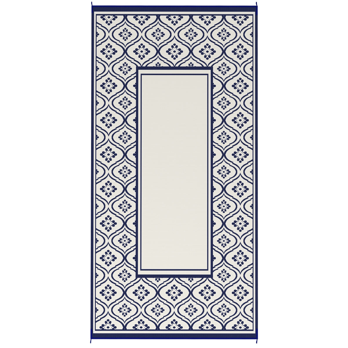 Outsunny Reversible Outdoor Rug, Waterproof Plastic Straw with Carry Bag, 9' x 18', Blue & White Gourd Border