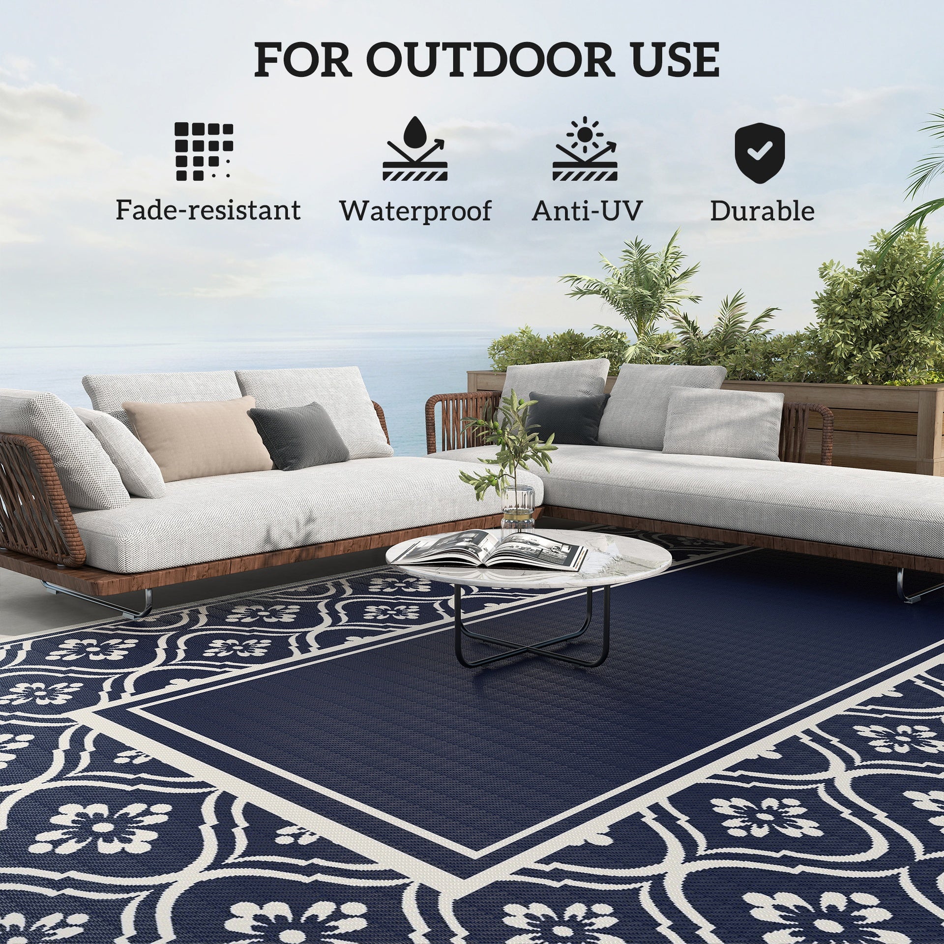 Outsunny Reversible Outdoor Rug, Waterproof Plastic Straw with Carry Bag, 9' x 18', Blue & White Gourd Border