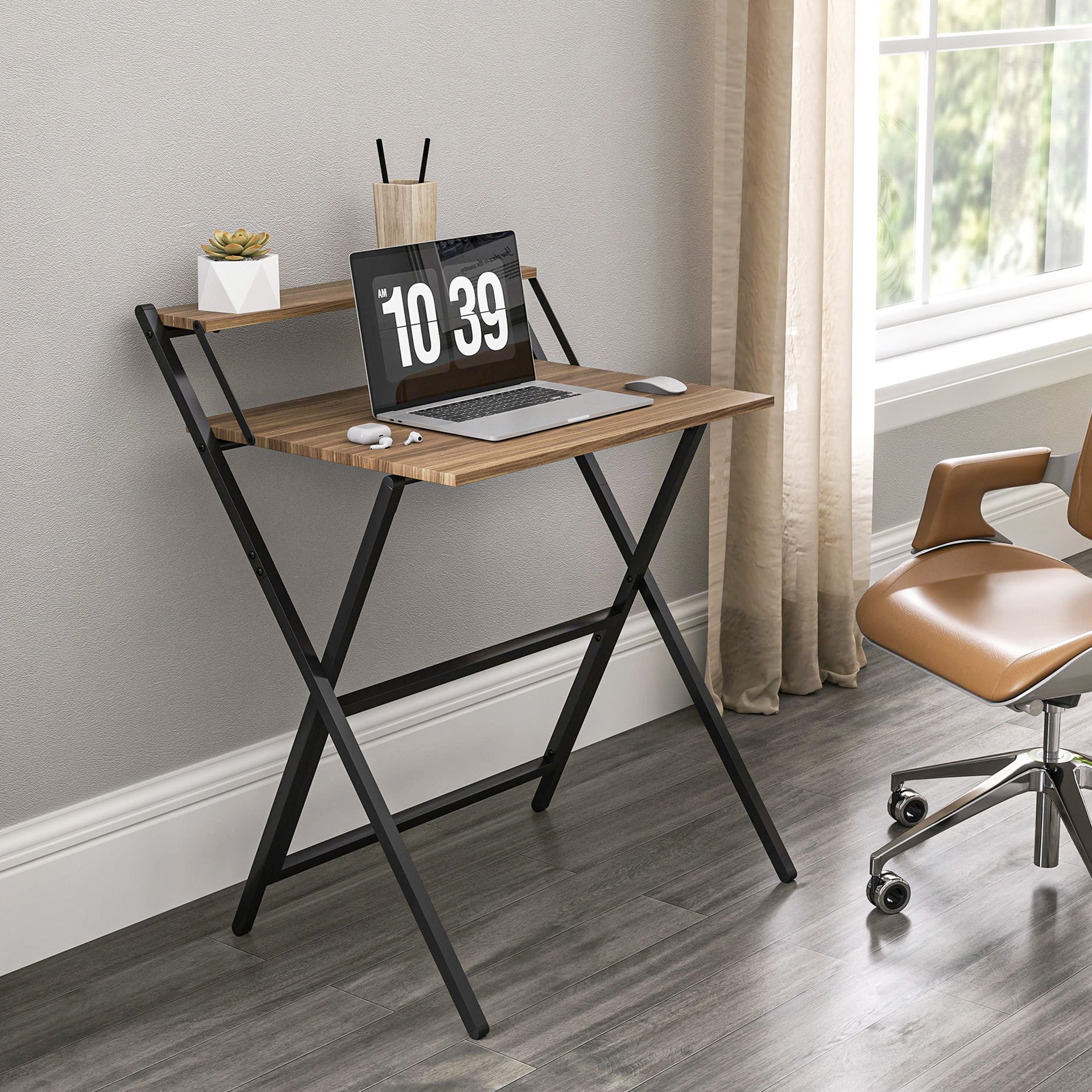 HOMCOM Folding Computer Desk, 27.6" Foldable Desk with Monitor Shelf for Small Space, Home Office, Study, Easy Assembly, Walnut