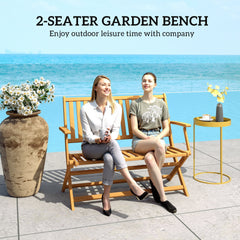 Outsunny 2-Person Foldable Wood Outdoor Bench with Backrest and Armrests for Garden, Porch, Park, Balcony, Teak