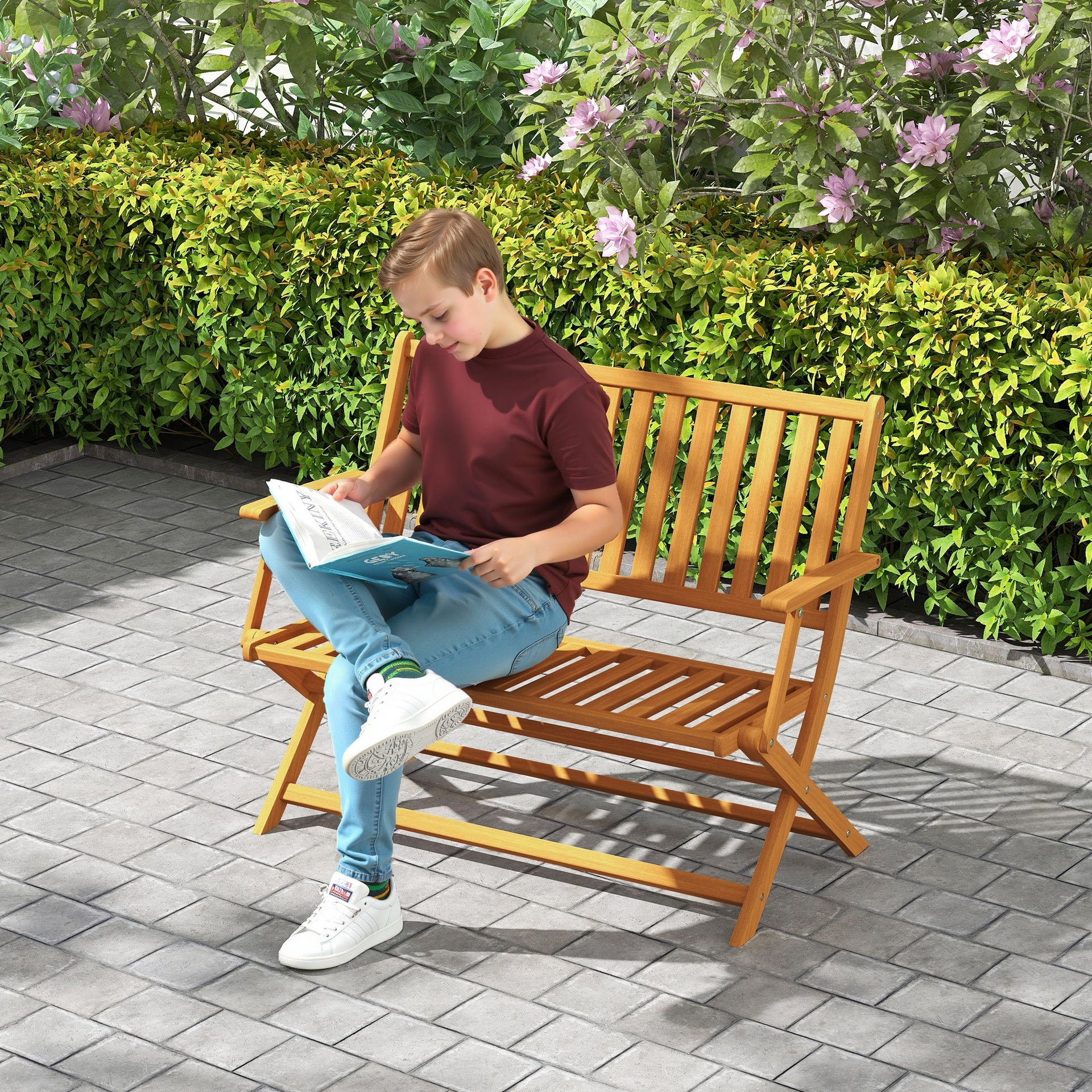 Outsunny 2-Person Foldable Wood Outdoor Bench with Backrest and Armrests for Garden, Porch, Park, Balcony, Teak