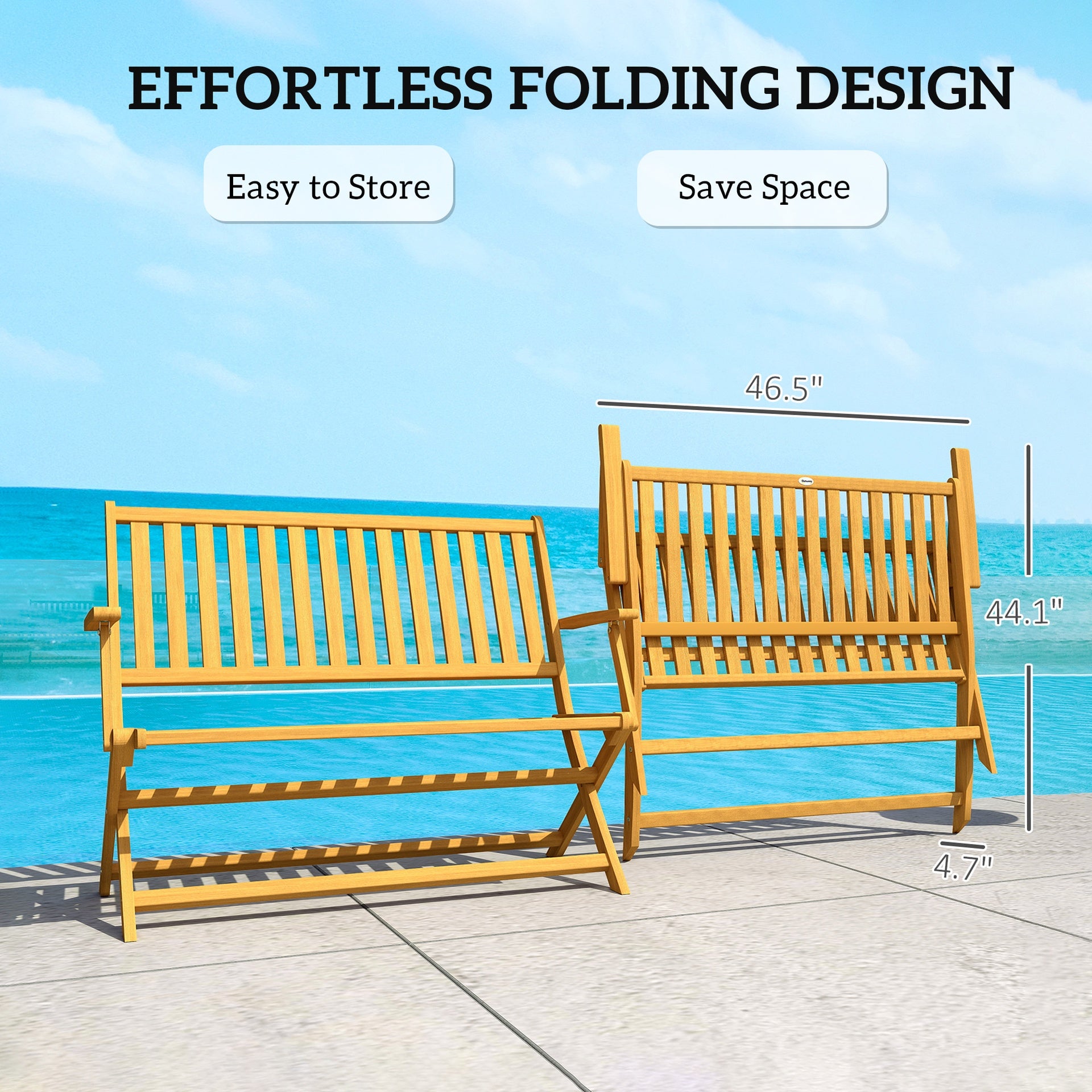 Outsunny 2-Person Foldable Wood Outdoor Bench with Backrest and Armrests for Garden, Porch, Park, Balcony, Teak