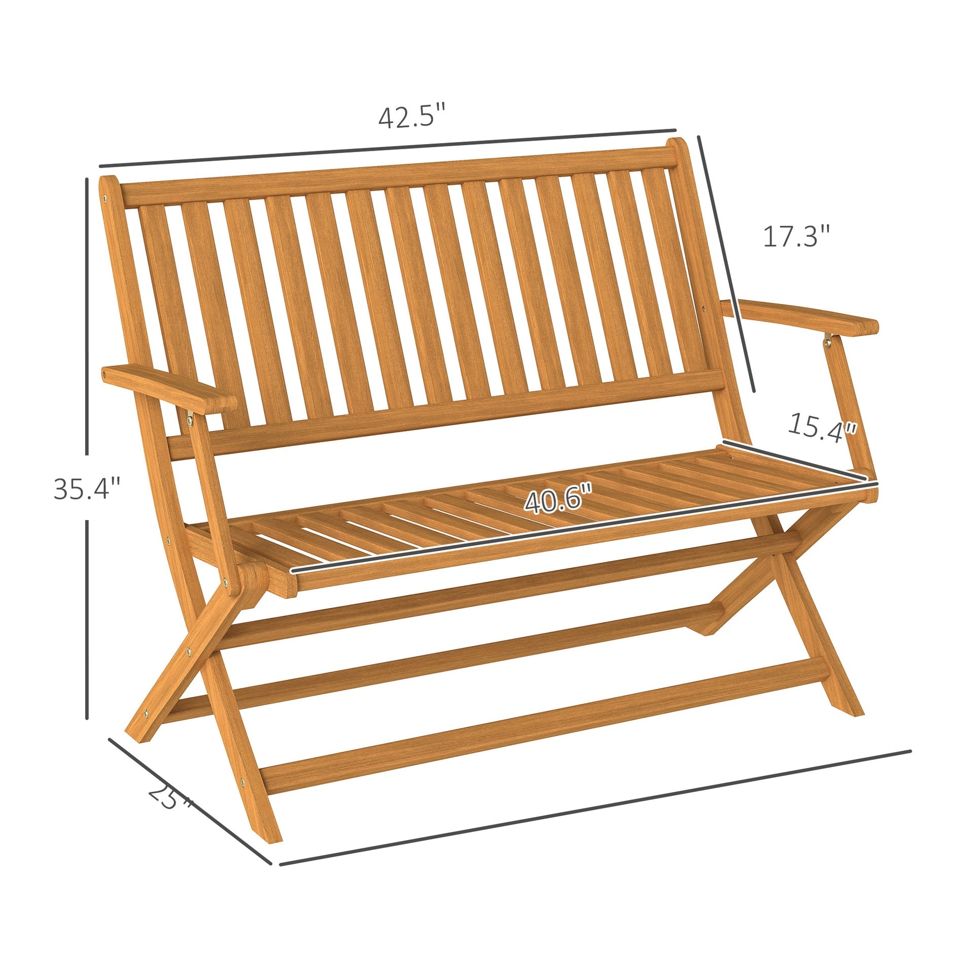 Outsunny 2-Person Foldable Wood Outdoor Bench with Backrest and Armrests for Garden, Porch, Park, Balcony, Teak