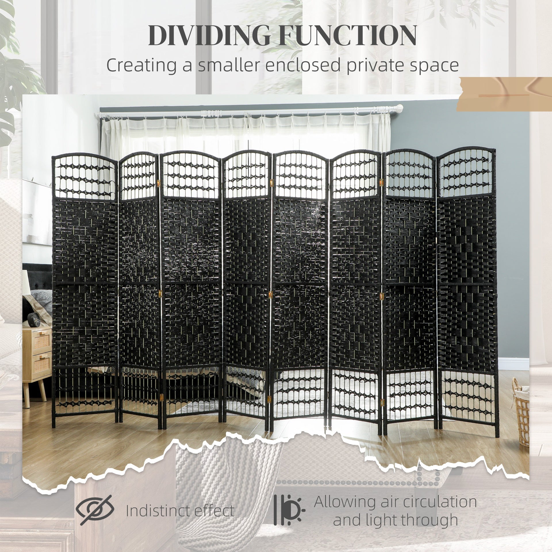 HOMCOM 8 Panel Folding Room Divider Portable Privacy Screen Wave Fiber Room Partition for Home Office Black