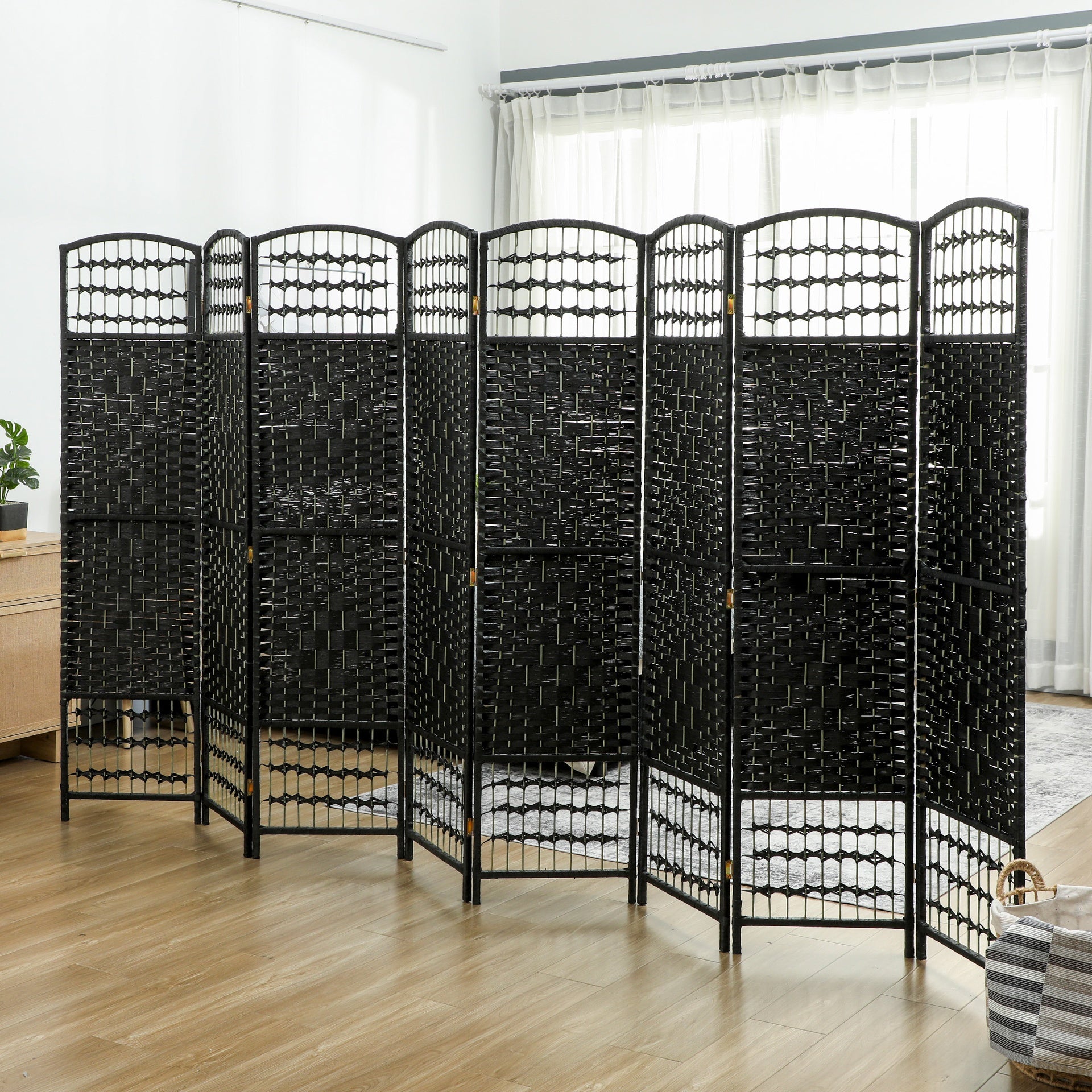 HOMCOM 8 Panel Folding Room Divider Portable Privacy Screen Wave Fiber Room Partition for Home Office Black