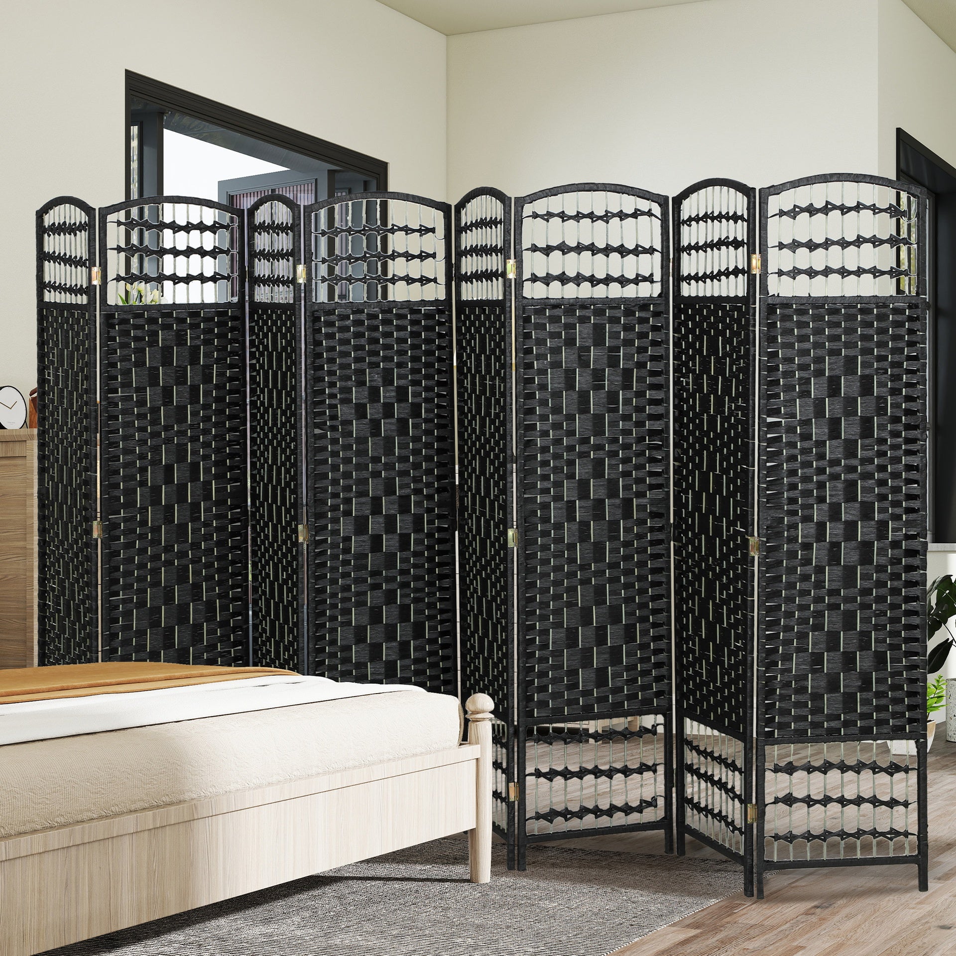 HOMCOM 8 Panel Folding Room Divider Portable Privacy Screen Wave Fiber Room Partition for Home Office Black