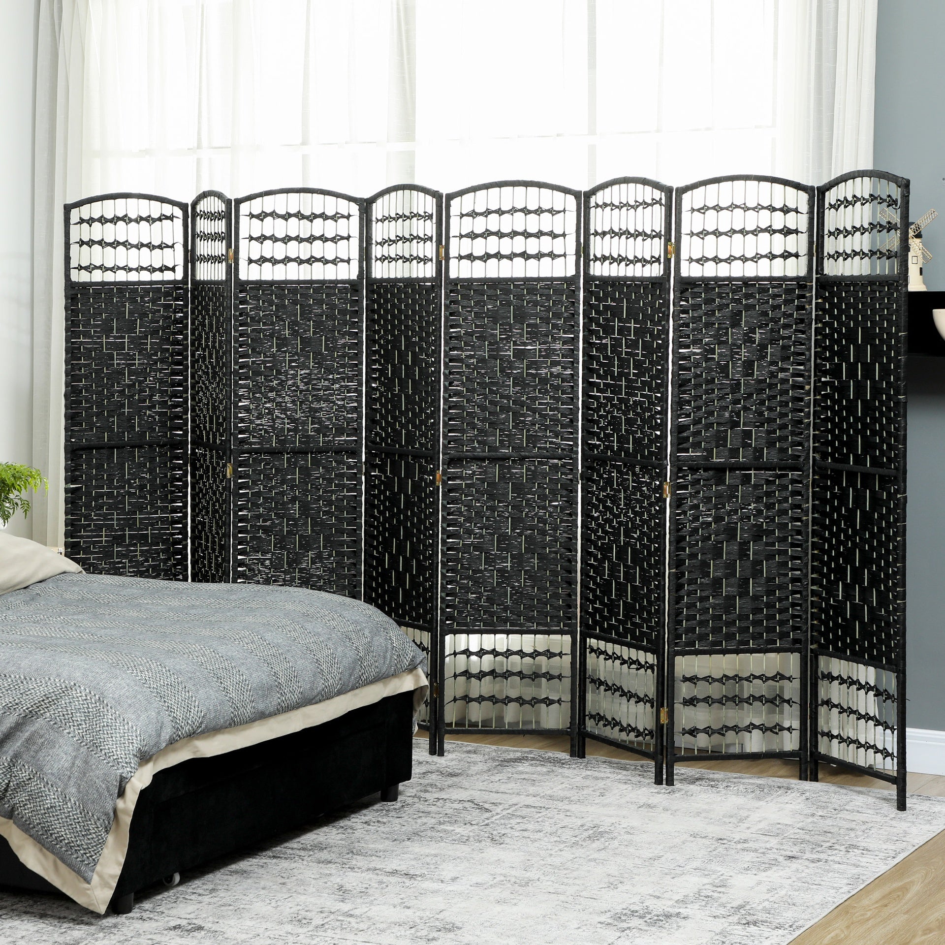 HOMCOM 8 Panel Folding Room Divider Portable Privacy Screen Wave Fiber Room Partition for Home Office Black