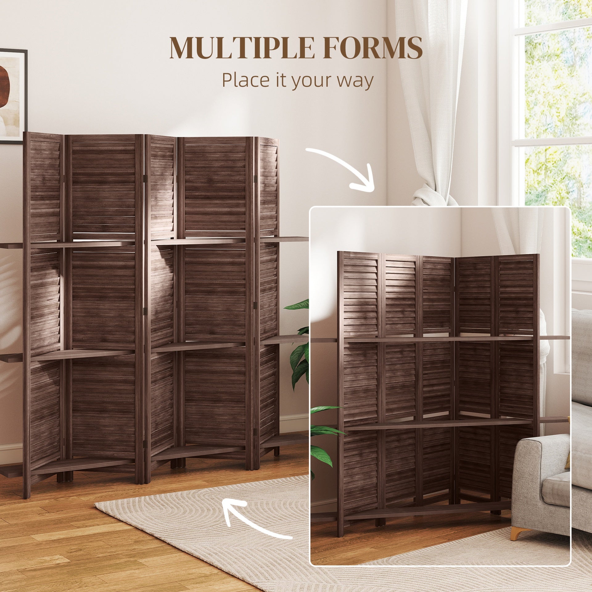 HOMCOM 5 Panel 67" Tall Wood Privacy Screen Room Divider with 3 Shelves and Folding Storage for Bedroom, Walnut