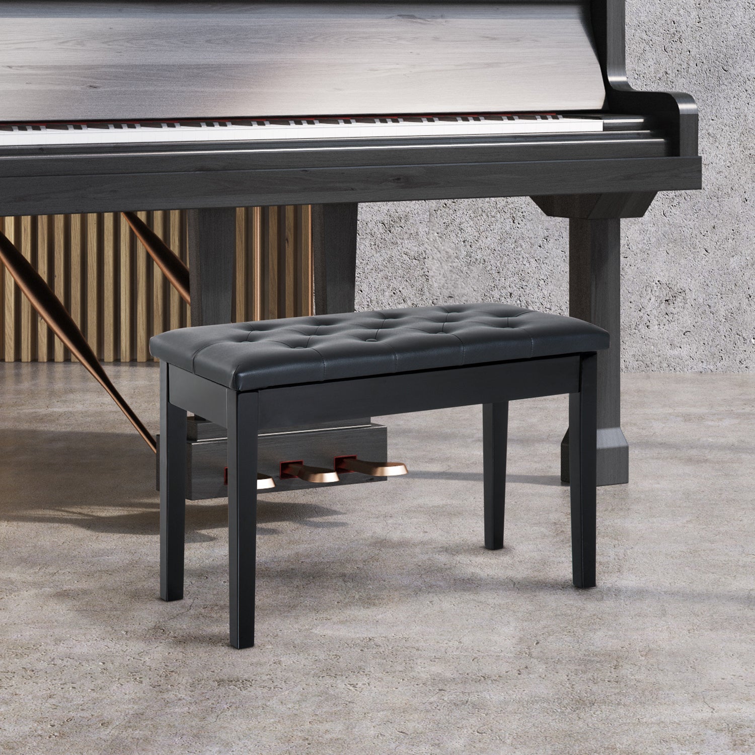 HOMCOM Piano Bench, Duet Piano Chair with Faux Leather Padded Cushion and Wooden Frame, Button Tufted Keyboard Bench, Black