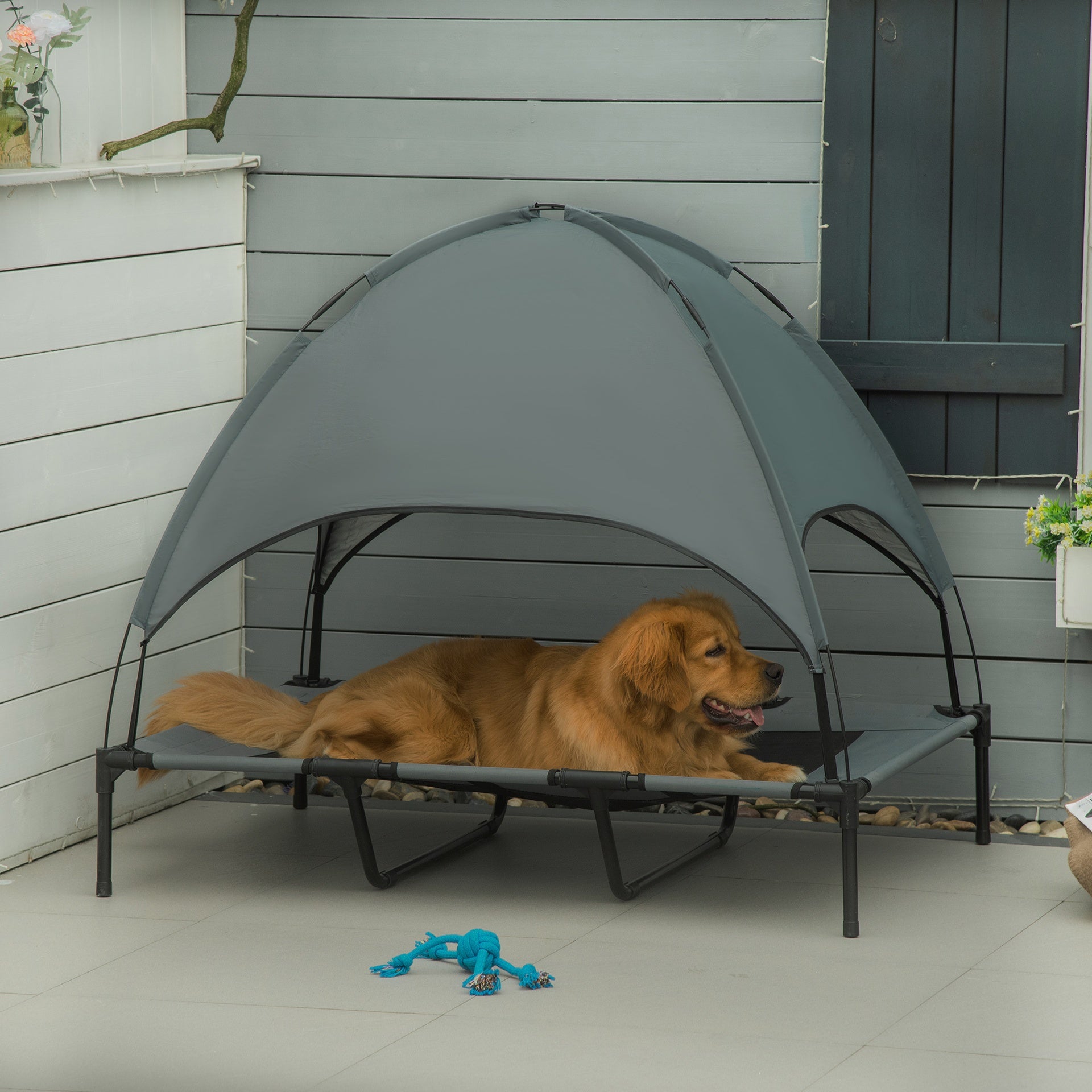 PawHut 48" x 36" Elevated Portable Dog Cot Cooling Pet Bed with UV Protection Canopy Shade