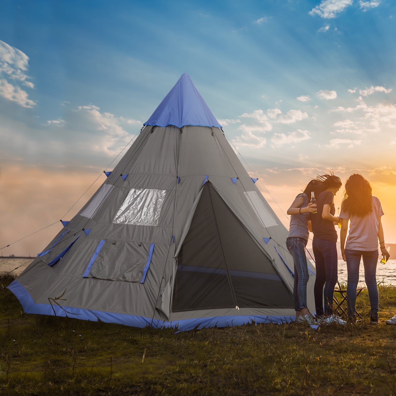 Outsunny 12Ft Camping Tent 6-7 Person 4 Season with 8 Mesh Windows, Outdoor Teepee Tent with Waterproof Material