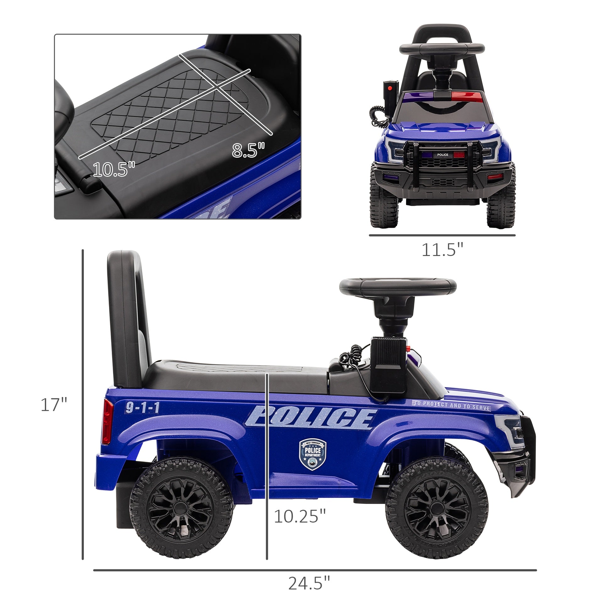 Aosom Kids Push Ride On Car with Working PA System and Horn, Police Truck Style  Foot-to-Floor Sliding Car for Boys and Girls with Under-Seat Storage, for 18 Months to 5 Years Old, Blue