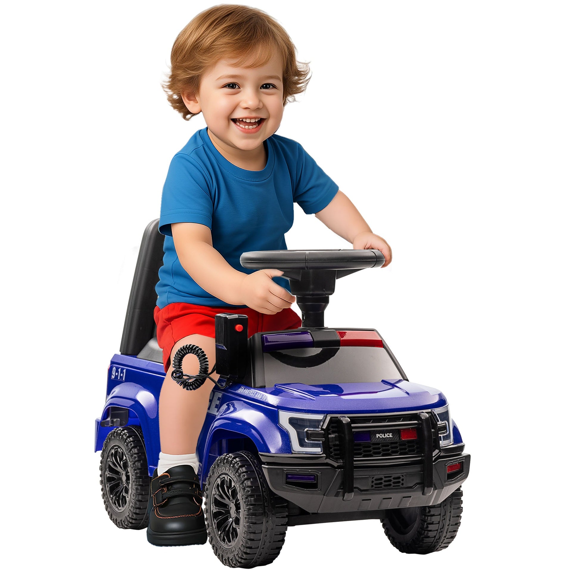 Aosom Kids Push Ride On Car with Working PA System and Horn, Police Truck Style  Foot-to-Floor Sliding Car for Boys and Girls with Under-Seat Storage, for 18 Months to 5 Years Old, Blue