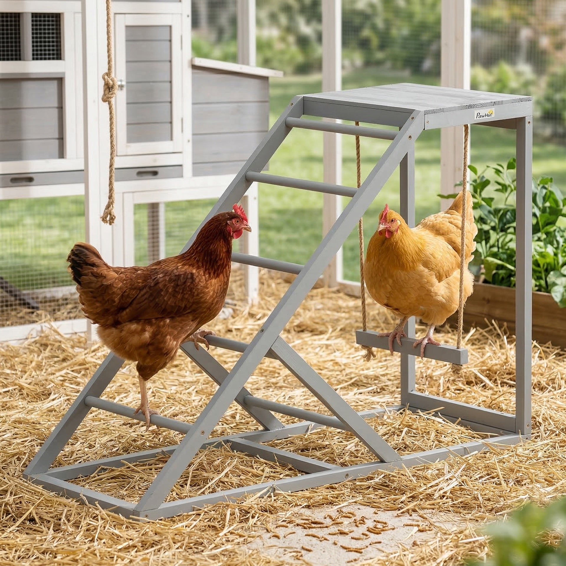 PawHut Chicken Activity Play for Healthy & Happy Animals, Swing Set with Chicken Perches & Hen Ladder, Chicken Coop Toy, Gray