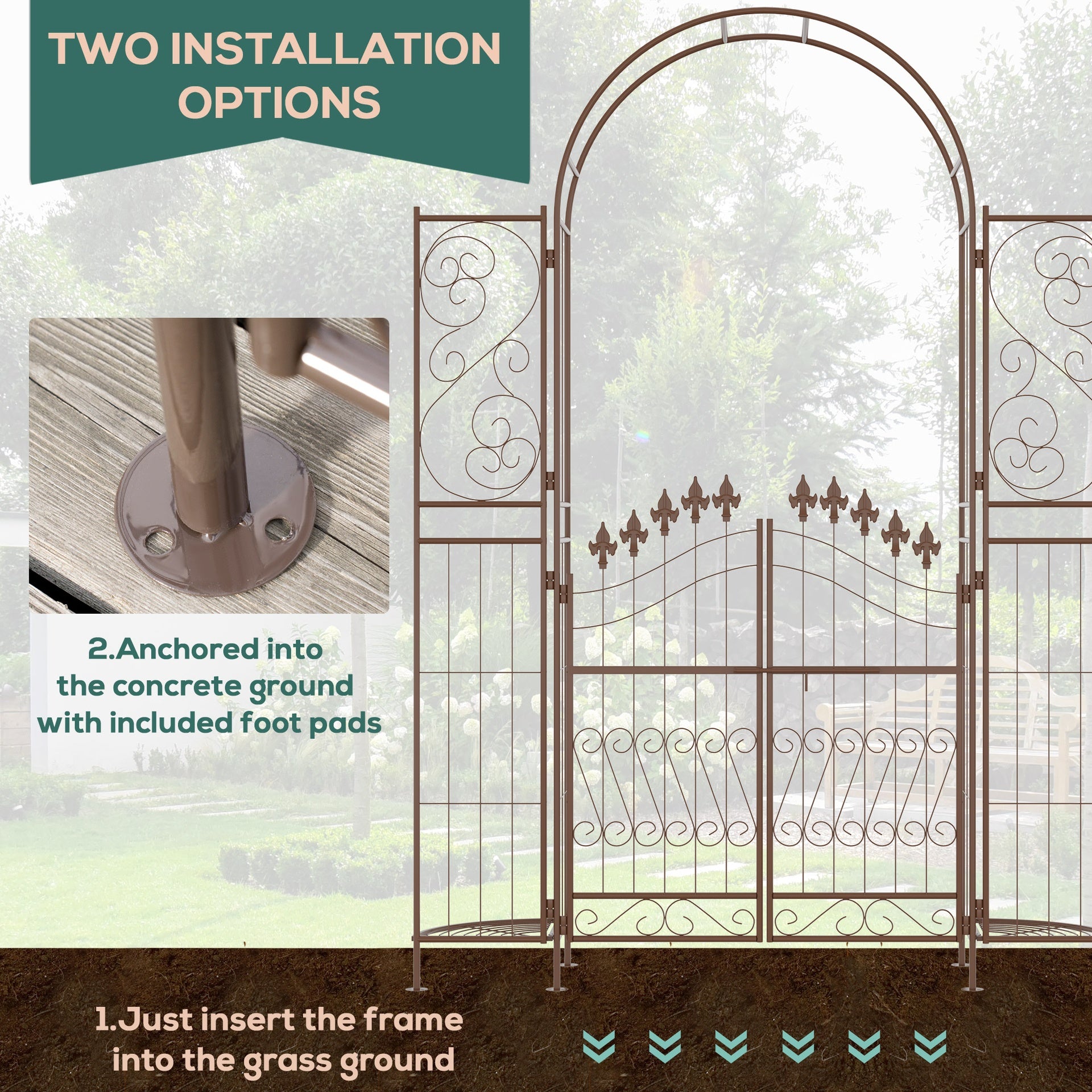 Outsunny 7' Metal Garden Arbor, Garden Arch with Gate, Fleur De Lis Motif, Latching Doors, Planter Shelves for Climbing Vines, Ceremony, Weddings, Party, Garden, Backyard, Lawn, Brown