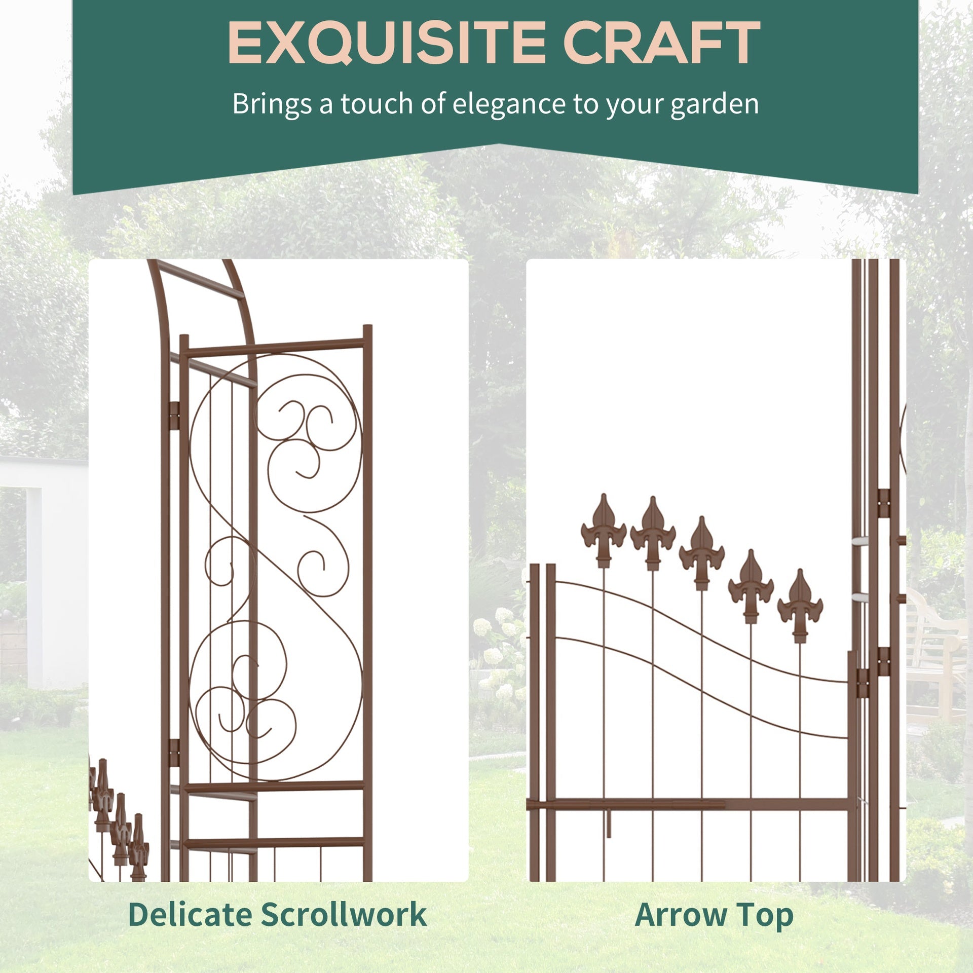 Outsunny 7' Metal Garden Arbor, Garden Arch with Gate, Fleur De Lis Motif, Latching Doors, Planter Shelves for Climbing Vines, Ceremony, Weddings, Party, Garden, Backyard, Lawn, Brown