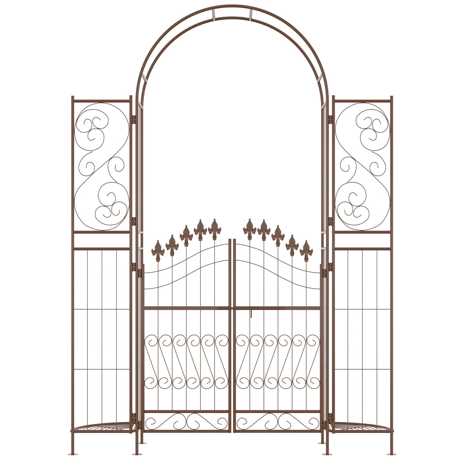 Outsunny 7' Metal Garden Arbor, Garden Arch with Gate, Fleur De Lis Motif, Latching Doors, Planter Shelves for Climbing Vines, Ceremony, Weddings, Party, Garden, Backyard, Lawn, Brown