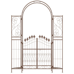 Outsunny 7' Metal Garden Arbor, Garden Arch with Gate, Fleur De Lis Motif, Latching Doors, Planter Shelves for Climbing Vines, Ceremony, Weddings, Party, Garden, Backyard, Lawn, Brown