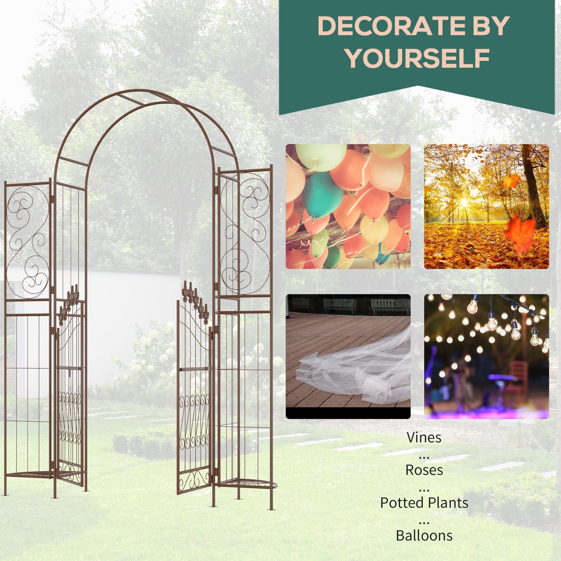 Outsunny 7' Metal Garden Arbor, Garden Arch with Gate, Fleur De Lis Motif, Latching Doors, Planter Shelves for Climbing Vines, Ceremony, Weddings, Party, Garden, Backyard, Lawn, Brown