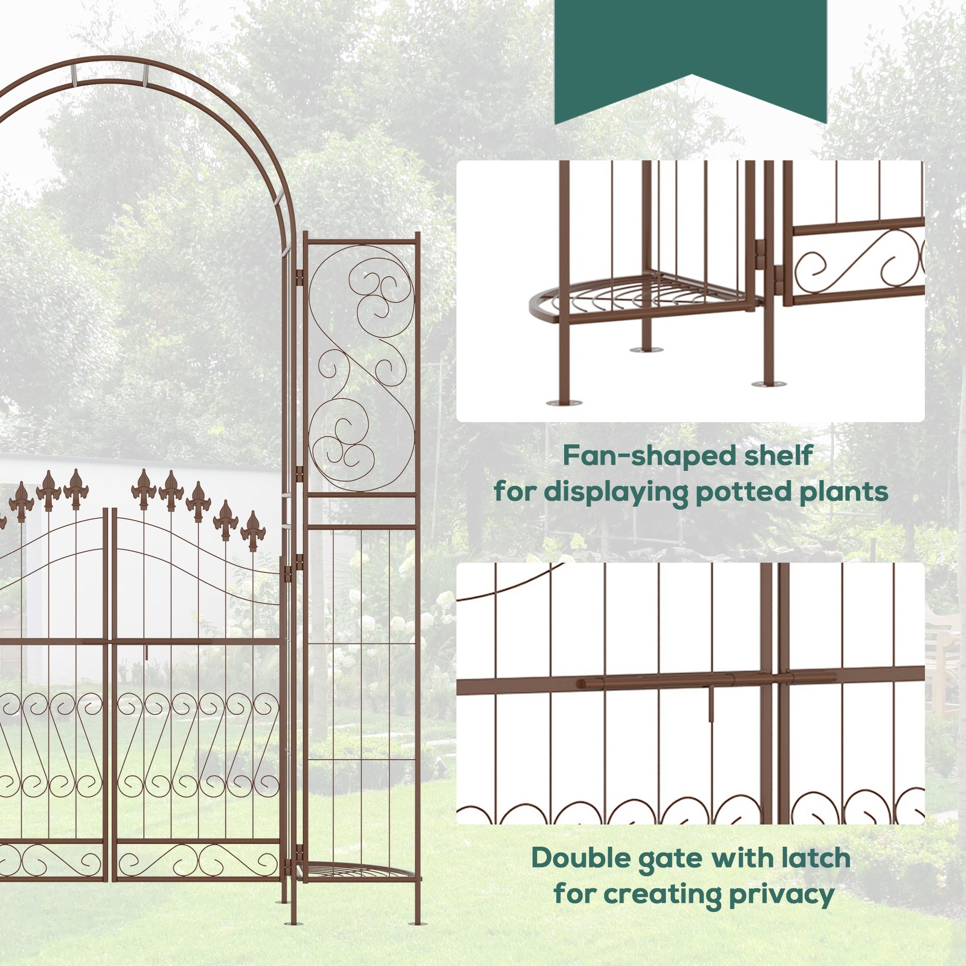 Outsunny 7' Metal Garden Arbor, Garden Arch with Gate, Fleur De Lis Motif, Latching Doors, Planter Shelves for Climbing Vines, Ceremony, Weddings, Party, Garden, Backyard, Lawn, Brown