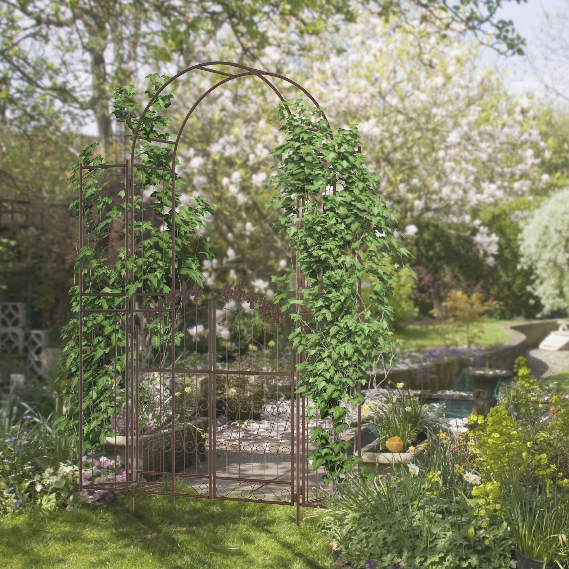 Outsunny 7' Metal Garden Arbor, Garden Arch with Gate, Fleur De Lis Motif, Latching Doors, Planter Shelves for Climbing Vines, Ceremony, Weddings, Party, Garden, Backyard, Lawn, Brown