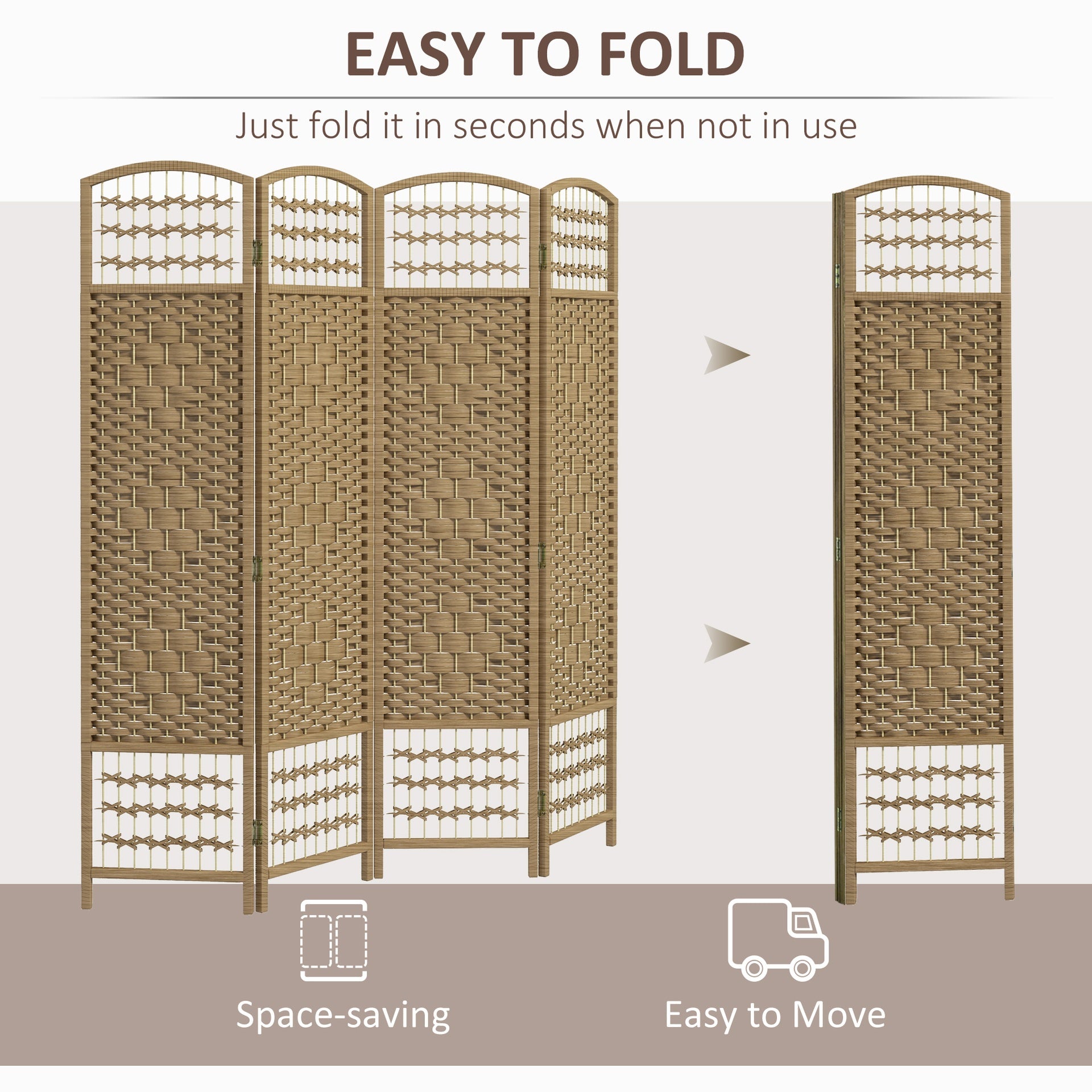 HOMCOM 4 Panel Folding Room Divider Portable Privacy Screen Wave Fiber Room Partition for Home Office Natural