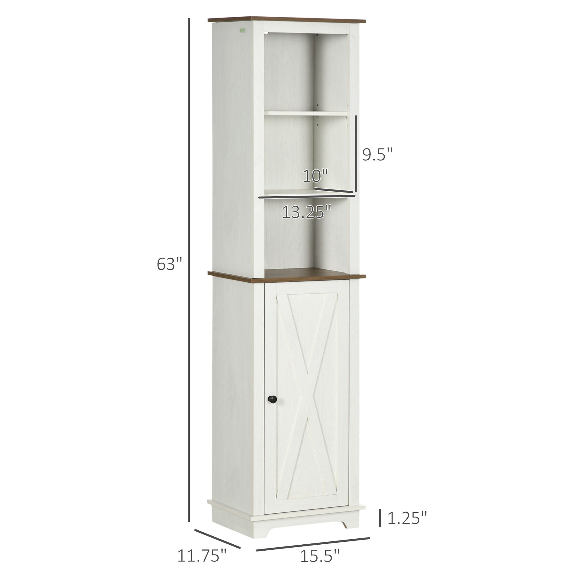 kleankin Farmhouse Bathroom Cabinet, Tall Storage Cabinet with Door and Adjustable Shelves, 15.5" x 11.75" x 63", White