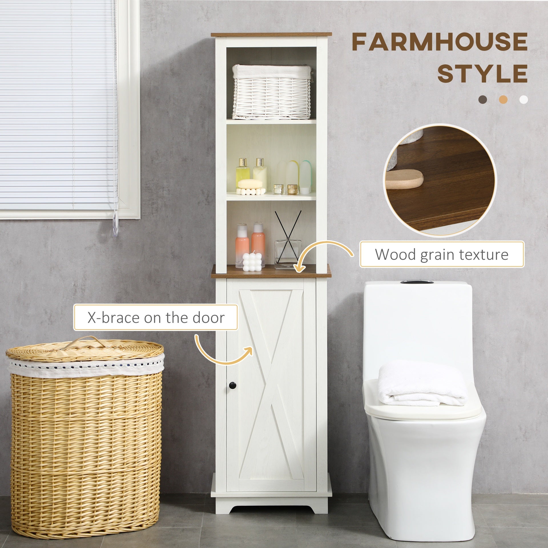 kleankin Farmhouse Bathroom Cabinet, Tall Storage Cabinet with Door and Adjustable Shelves, 15.5" x 11.75" x 63", White
