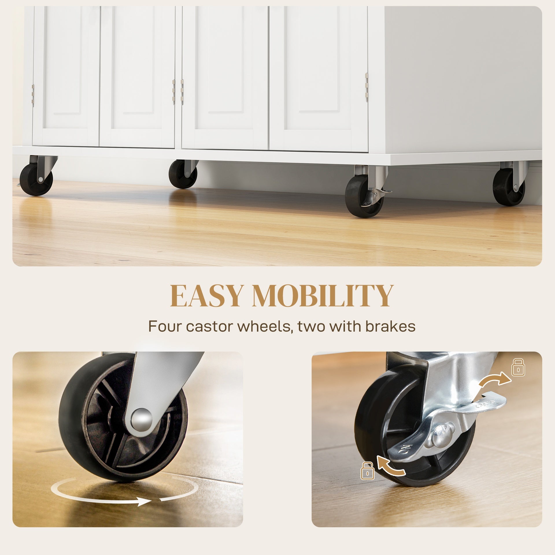 HOMCOM Kitchen Island on Wheels, Rolling Cart with Rubberwood Top, Spice Rack, Towel Rack and Drawers, Cream White