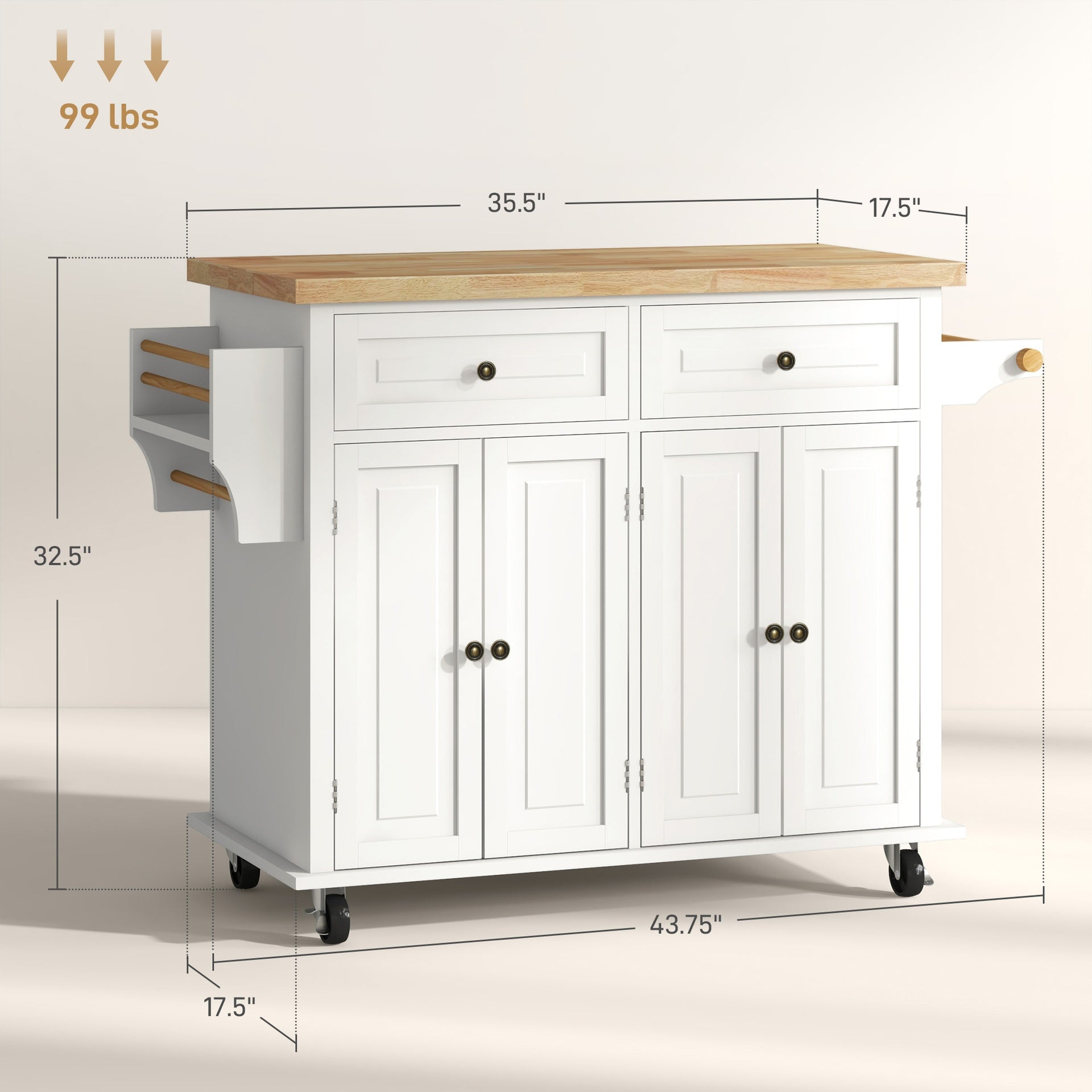 HOMCOM Kitchen Island on Wheels, Rolling Cart with Rubberwood Top, Spice Rack, Towel Rack and Drawers, Cream White