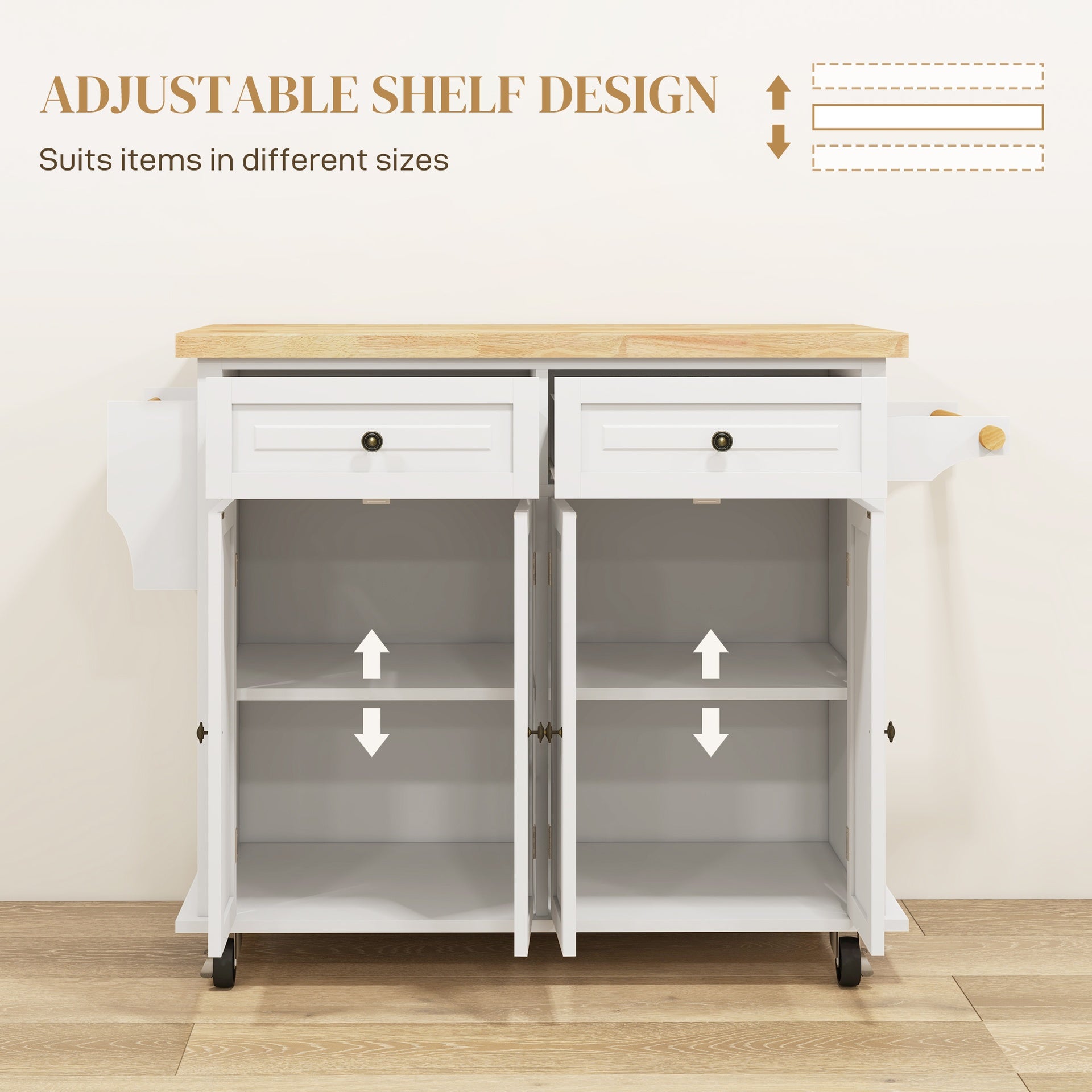 HOMCOM Kitchen Island on Wheels, Rolling Cart with Rubberwood Top, Spice Rack, Towel Rack and Drawers, Cream White