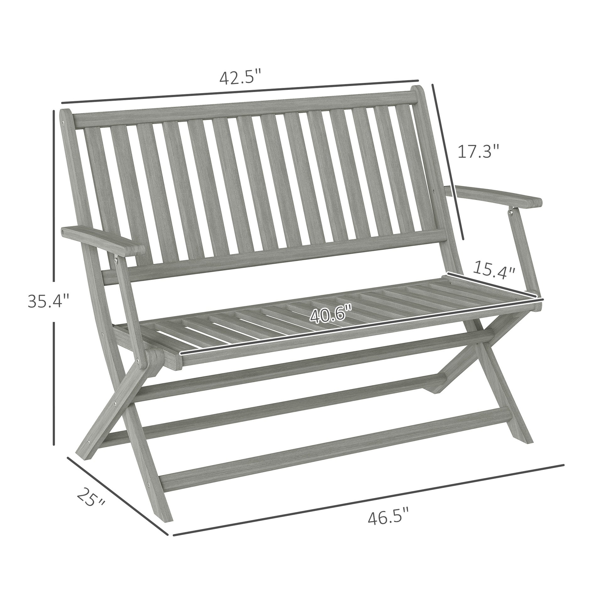 Outsunny 2-Person Foldable Wood Outdoor Bench with Backrest and Armrests for Garden, Porch, Park, Balcony, Gray