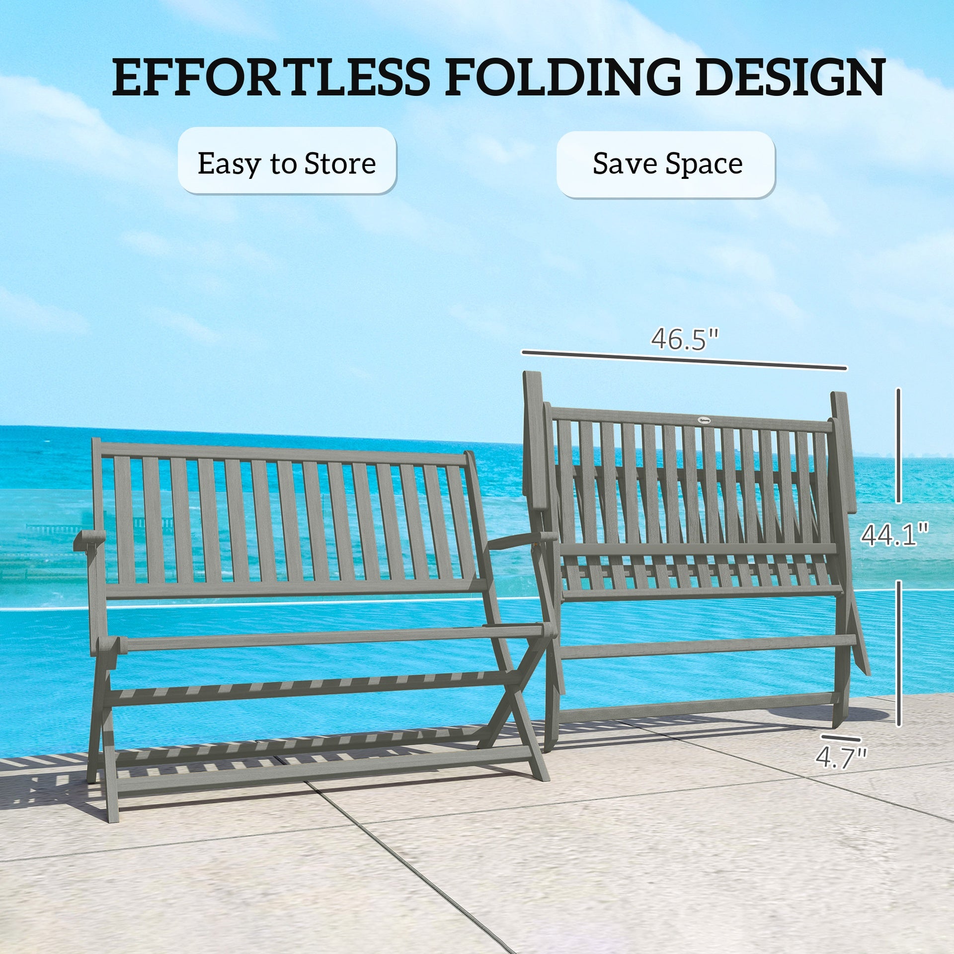 Outsunny 2-Person Foldable Wood Outdoor Bench with Backrest and Armrests for Garden, Porch, Park, Balcony, Gray