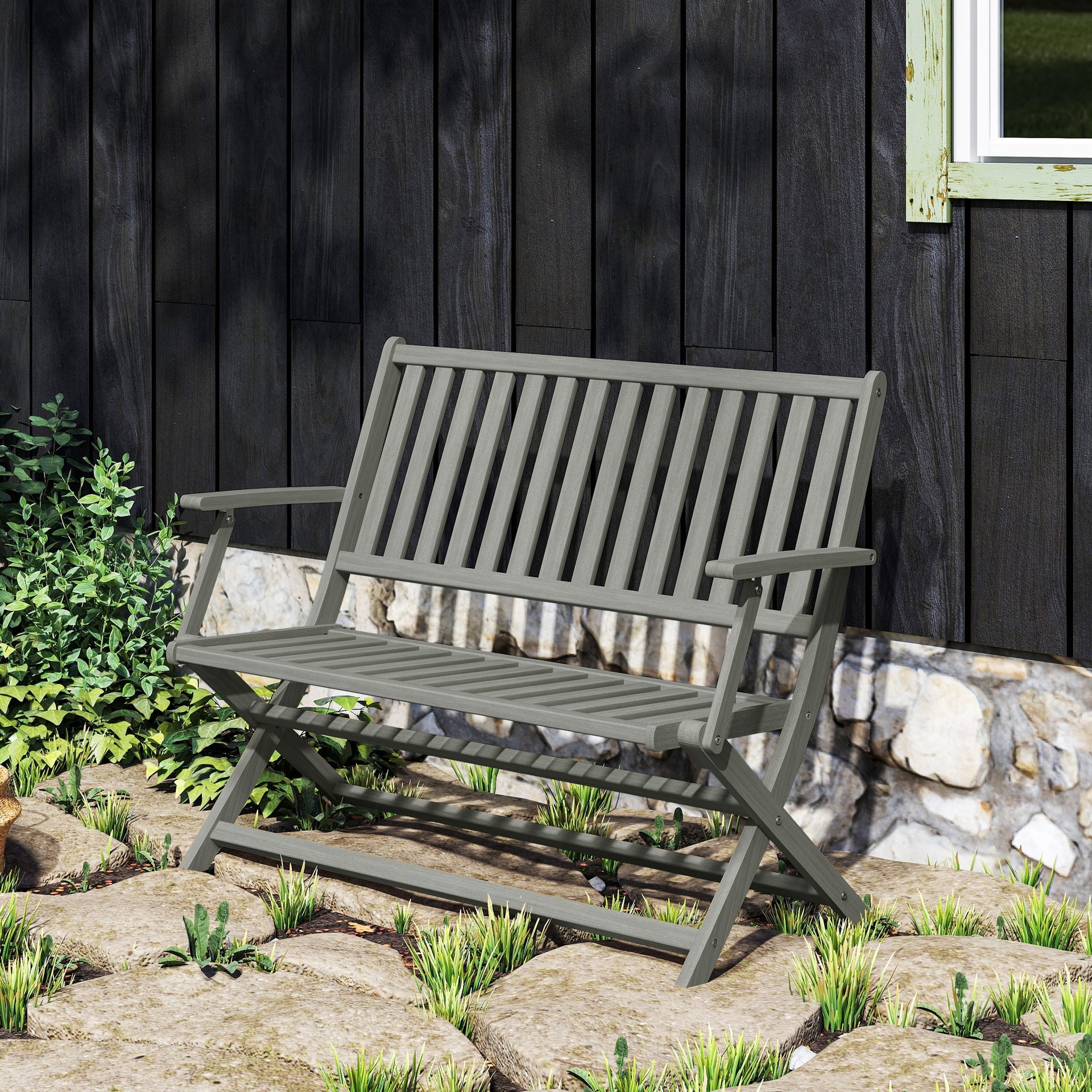 Outsunny 2-Person Foldable Wood Outdoor Bench with Backrest and Armrests for Garden, Porch, Park, Balcony, Gray