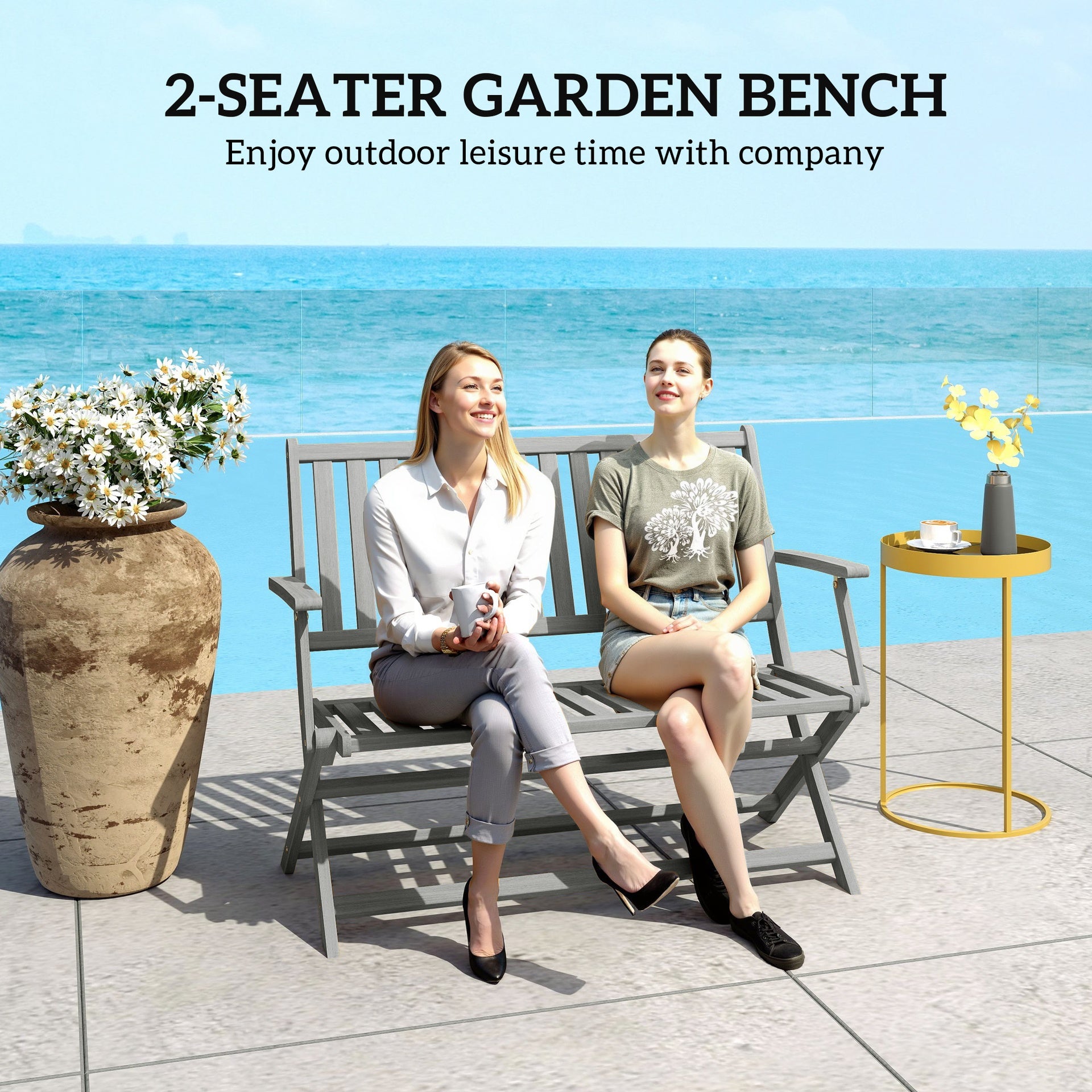 Outsunny 2-Person Foldable Wood Outdoor Bench with Backrest and Armrests for Garden, Porch, Park, Balcony, Gray