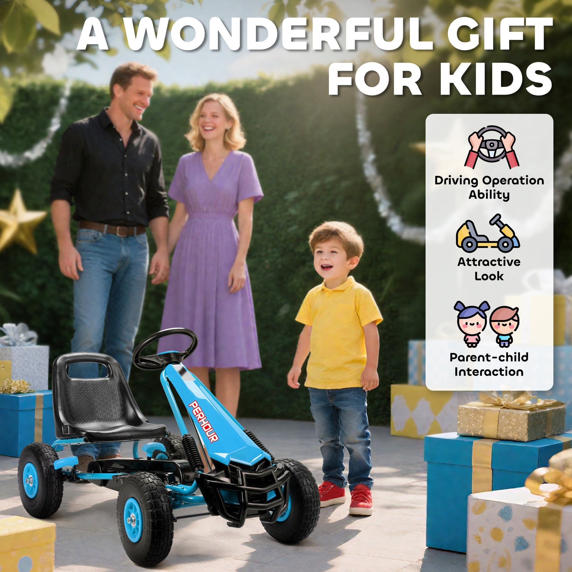 Qaba Kids Go Kart, Pedal Car with Adjustable Seat, EVA Wheels, Brake, for Boys & Girls Aged 3-8 Years Old, Blue