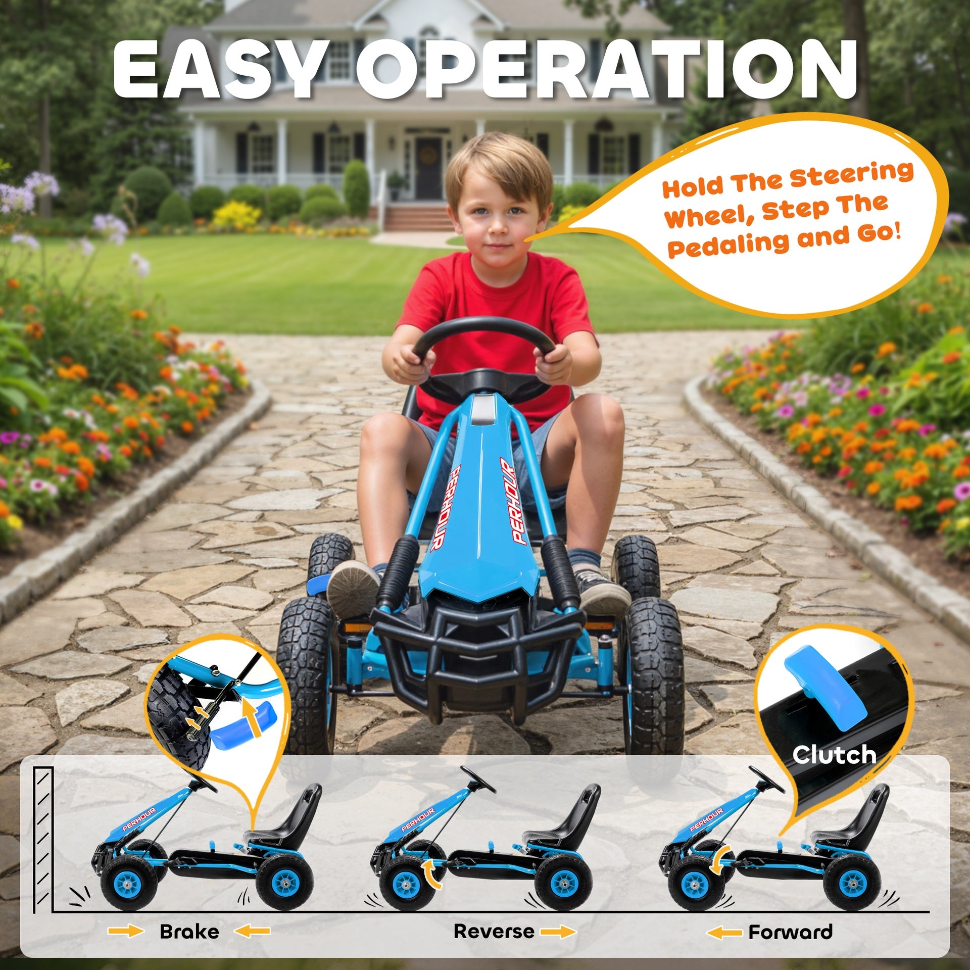 Qaba Kids Go Kart, Pedal Car with Adjustable Seat, EVA Wheels, Brake, for Boys & Girls Aged 3-8 Years Old, Blue