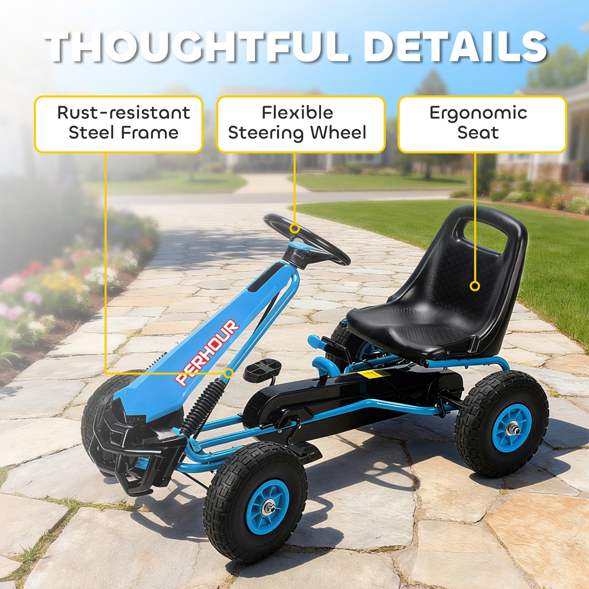 Qaba Kids Go Kart, Pedal Car with Adjustable Seat, EVA Wheels, Brake, for Boys & Girls Aged 3-8 Years Old, Blue