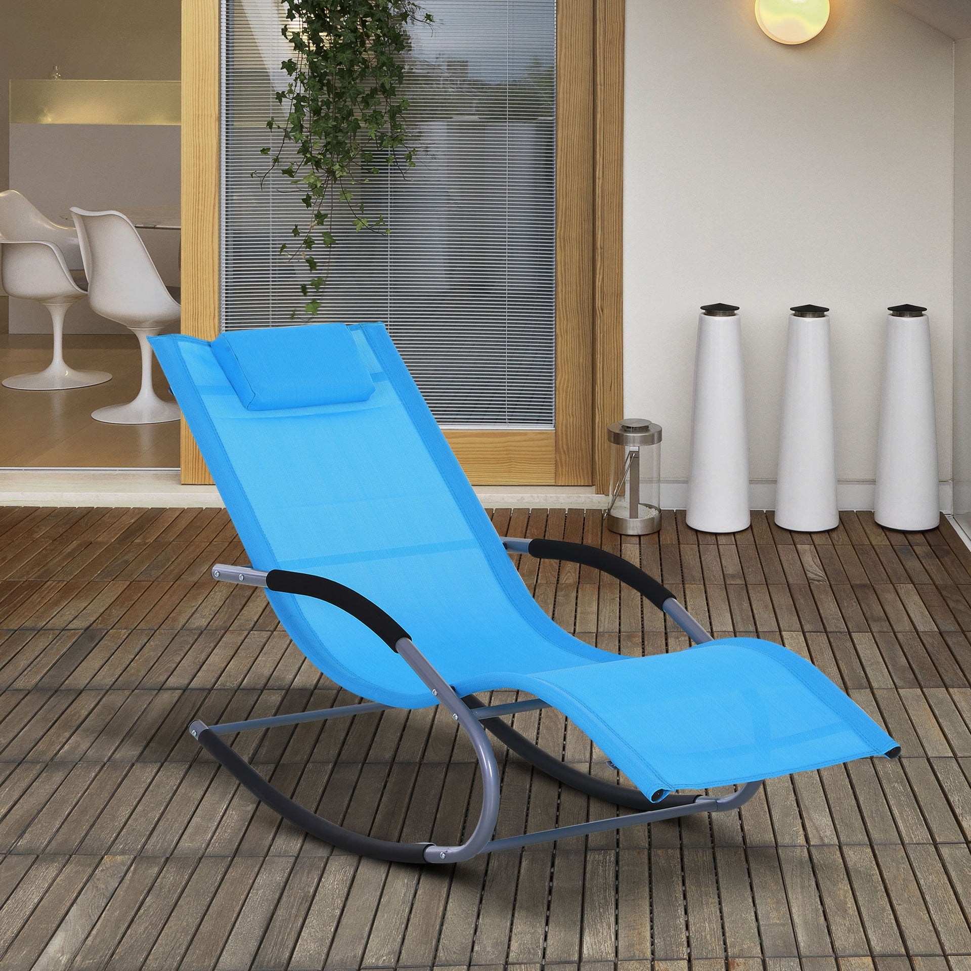 Outsunny Zero Gravity Rocking Chair Outdoor Chaise Lounge Chair Recliner Rocker with Detachable Pillow and Weather-Fighting Fabric for Patio, Deck, Pool, Light Blue