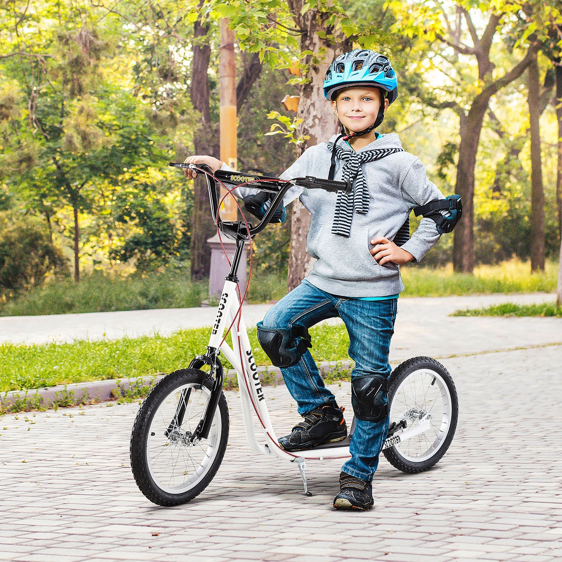 Aosom Youth Scooter Kick Scooter for Kids 5+ with Adjustable Handlebar Front and Rear Dual Brakes Inflatable Wheels, White