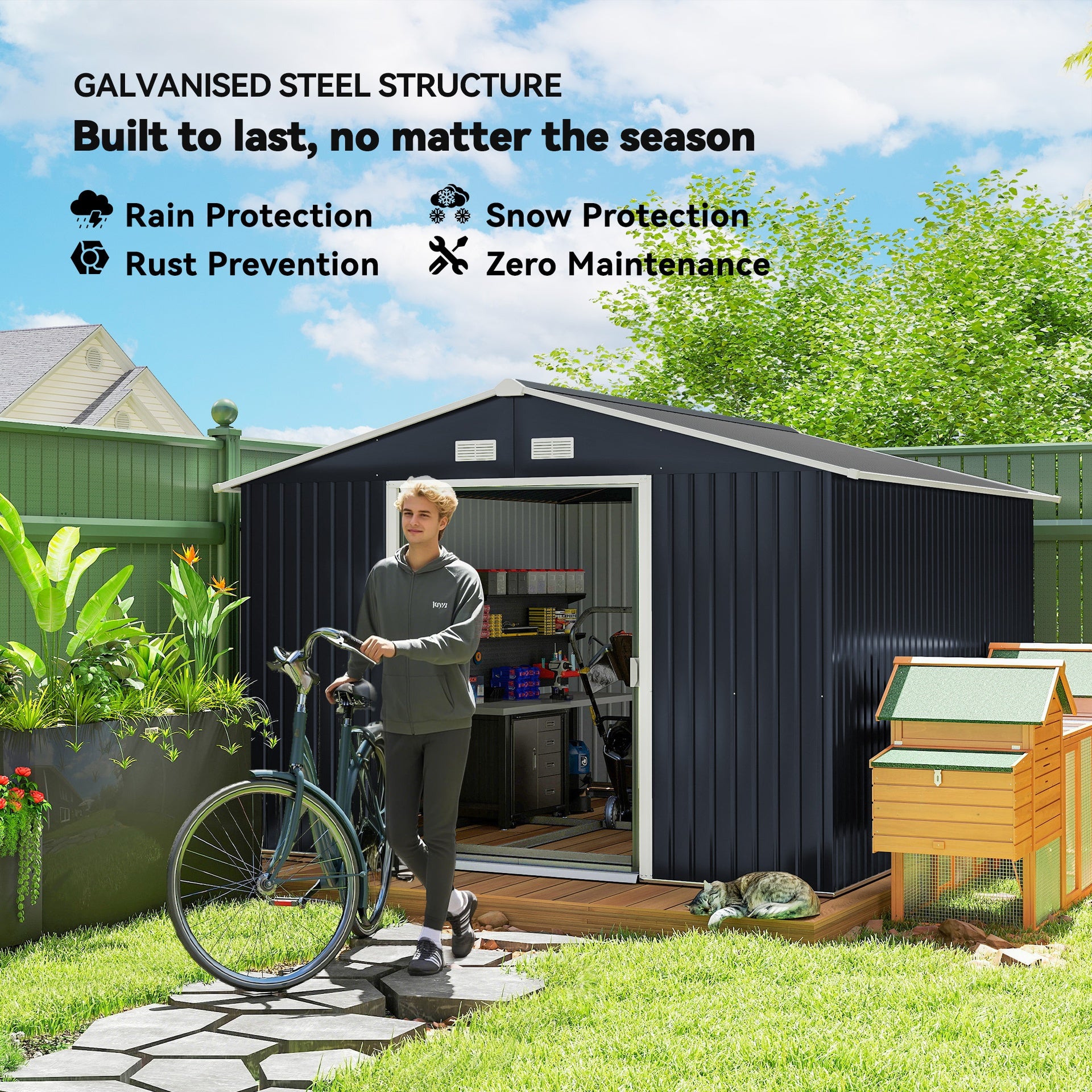 Outsunny 11' x 9' Outdoor Storage Shed, Garden Tool Metal Shed with Foundation Kit, Double Lockable Door, Air Vents and Sloping Roof, for Backyard, Patio, Lawn, Dark Gray